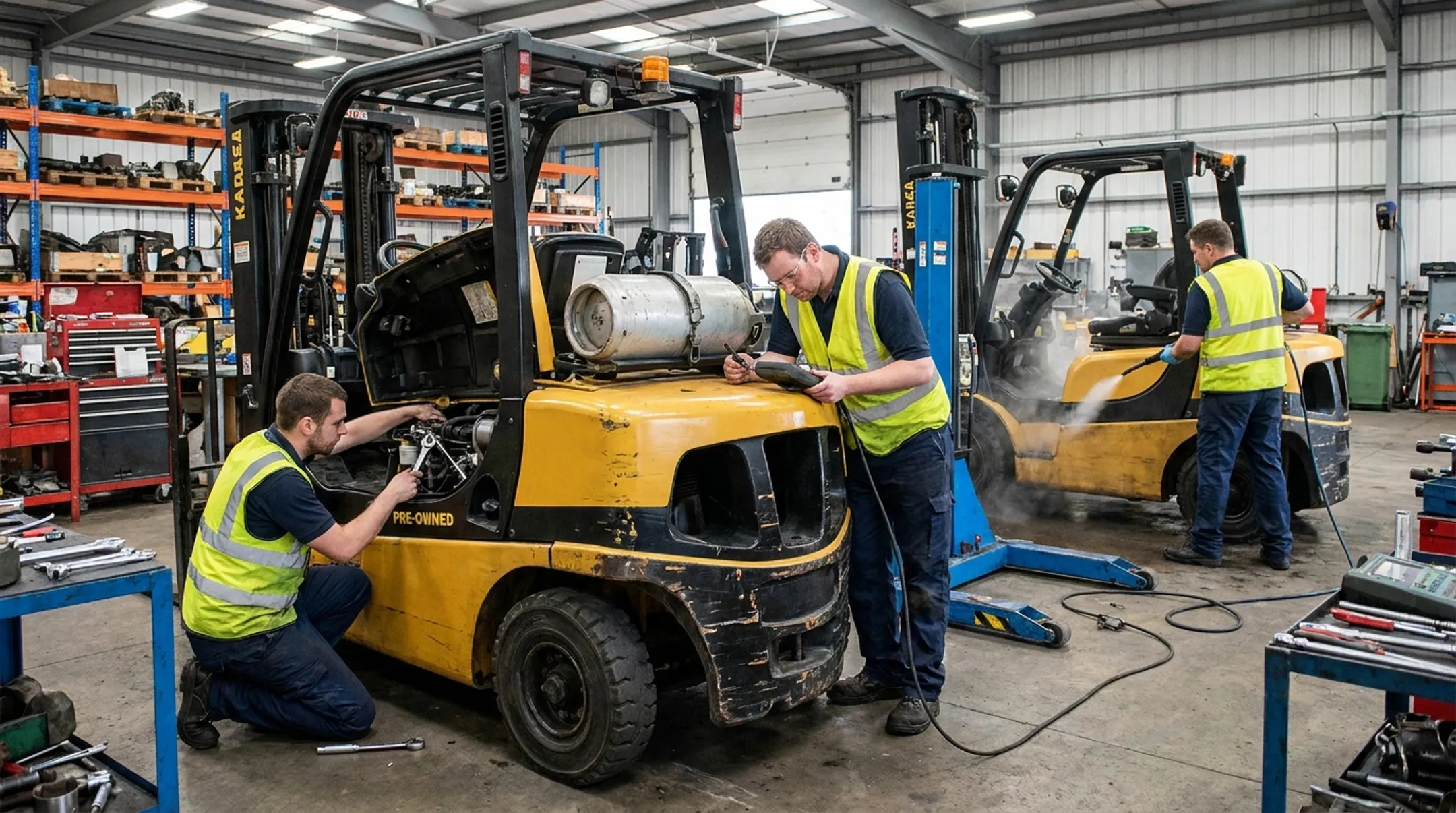 Company technicians reconditioning used forklifts before customer delivery