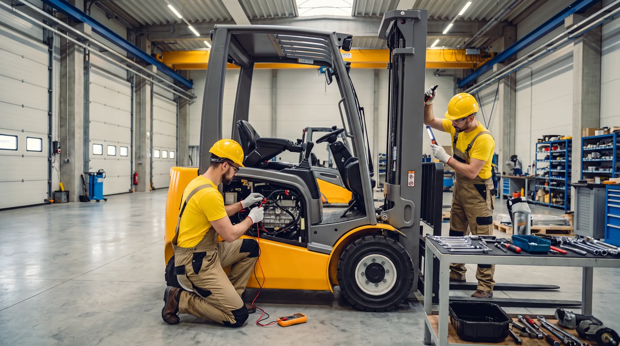 Company technicians reconditioning used rough terrain forklifts