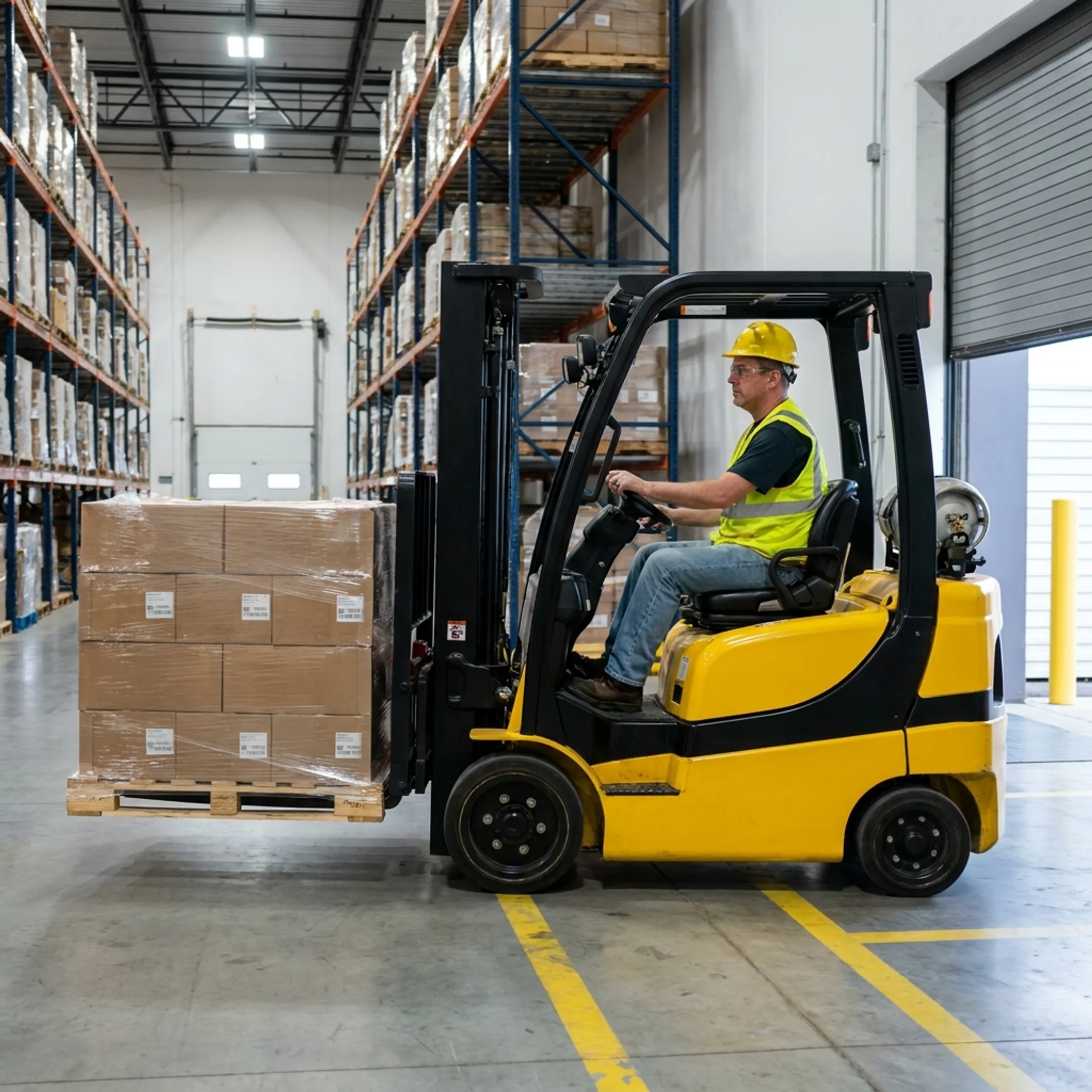 Warehouse material handling with a cushion tire forklift