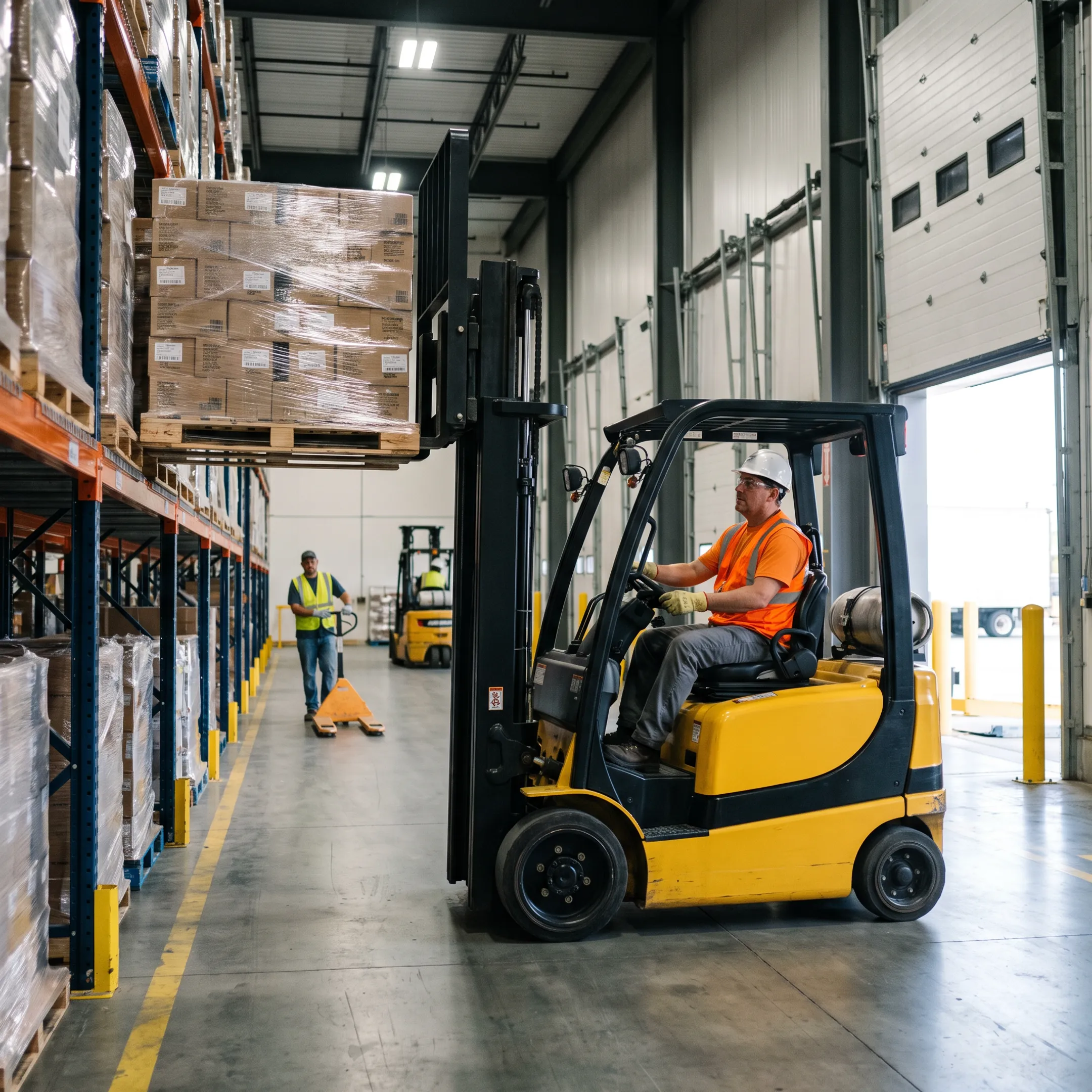 Forklift in a storage and distribution facility