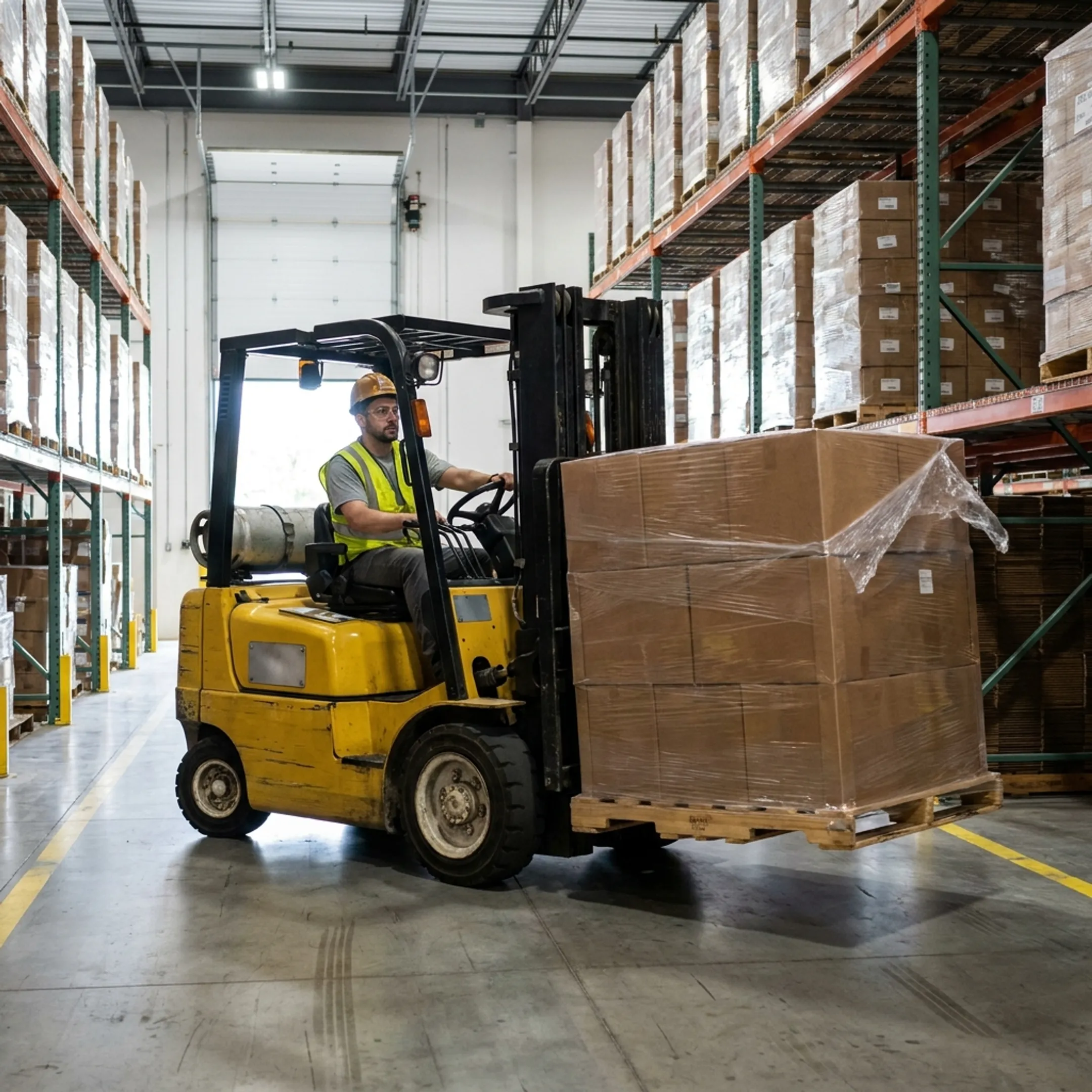 Warehouse and distribution forklift handling pallets