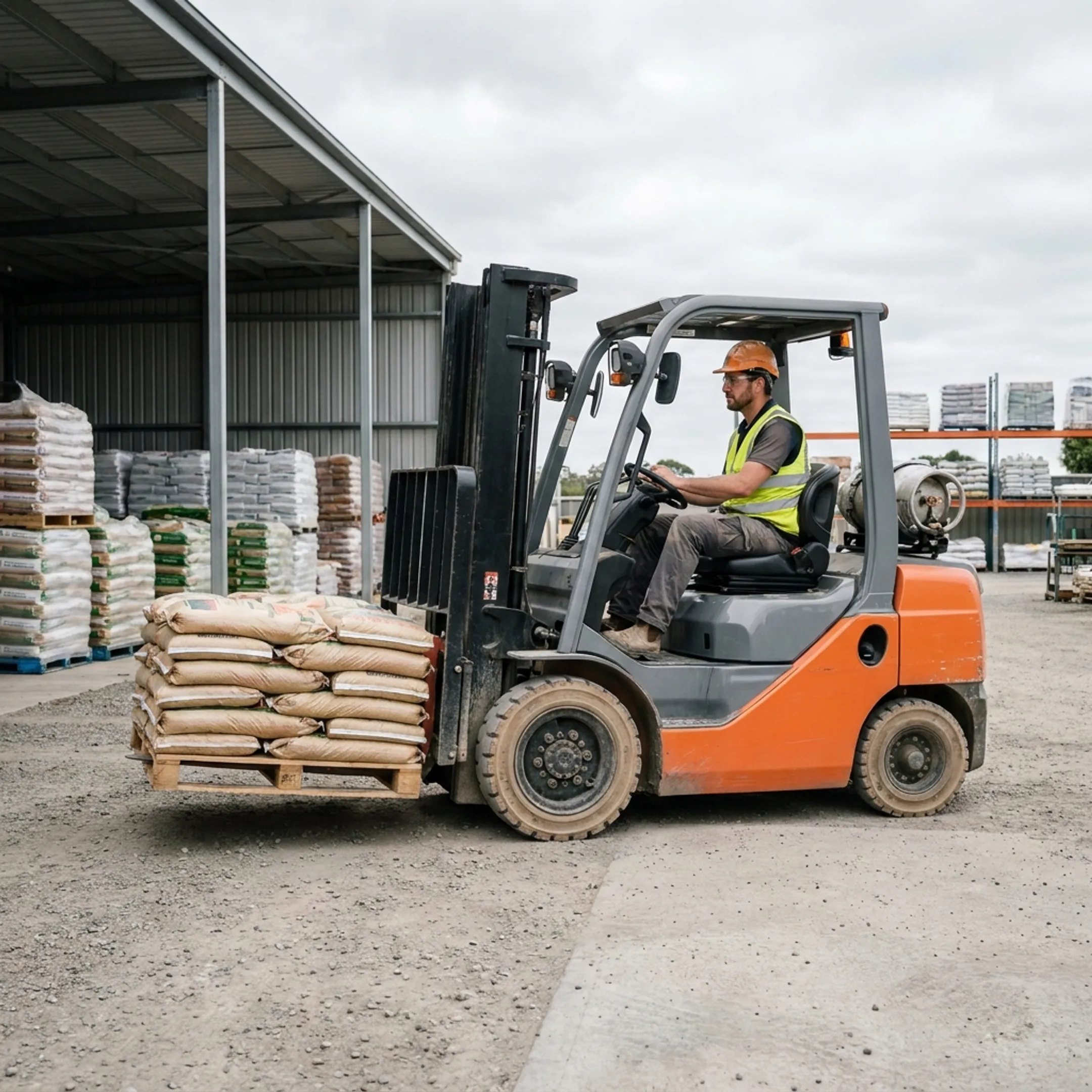 Farm supply forklift handling palletised products