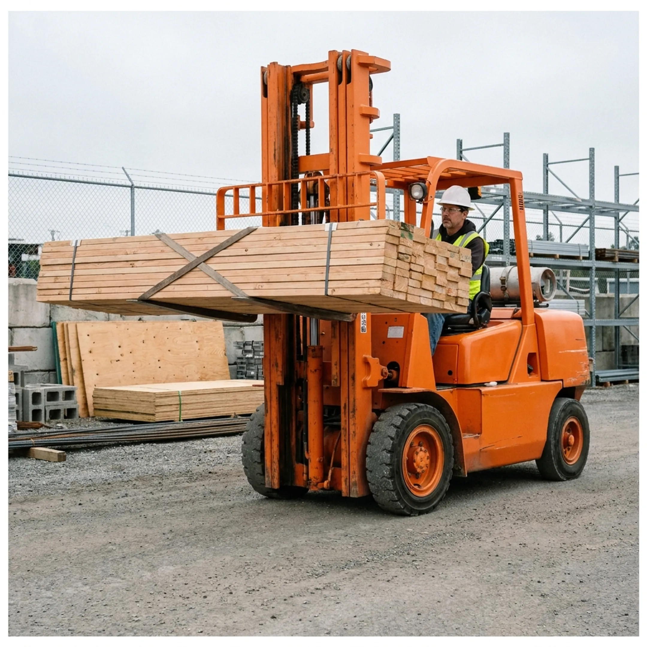 Forklift handling building materials in an outdoor yard