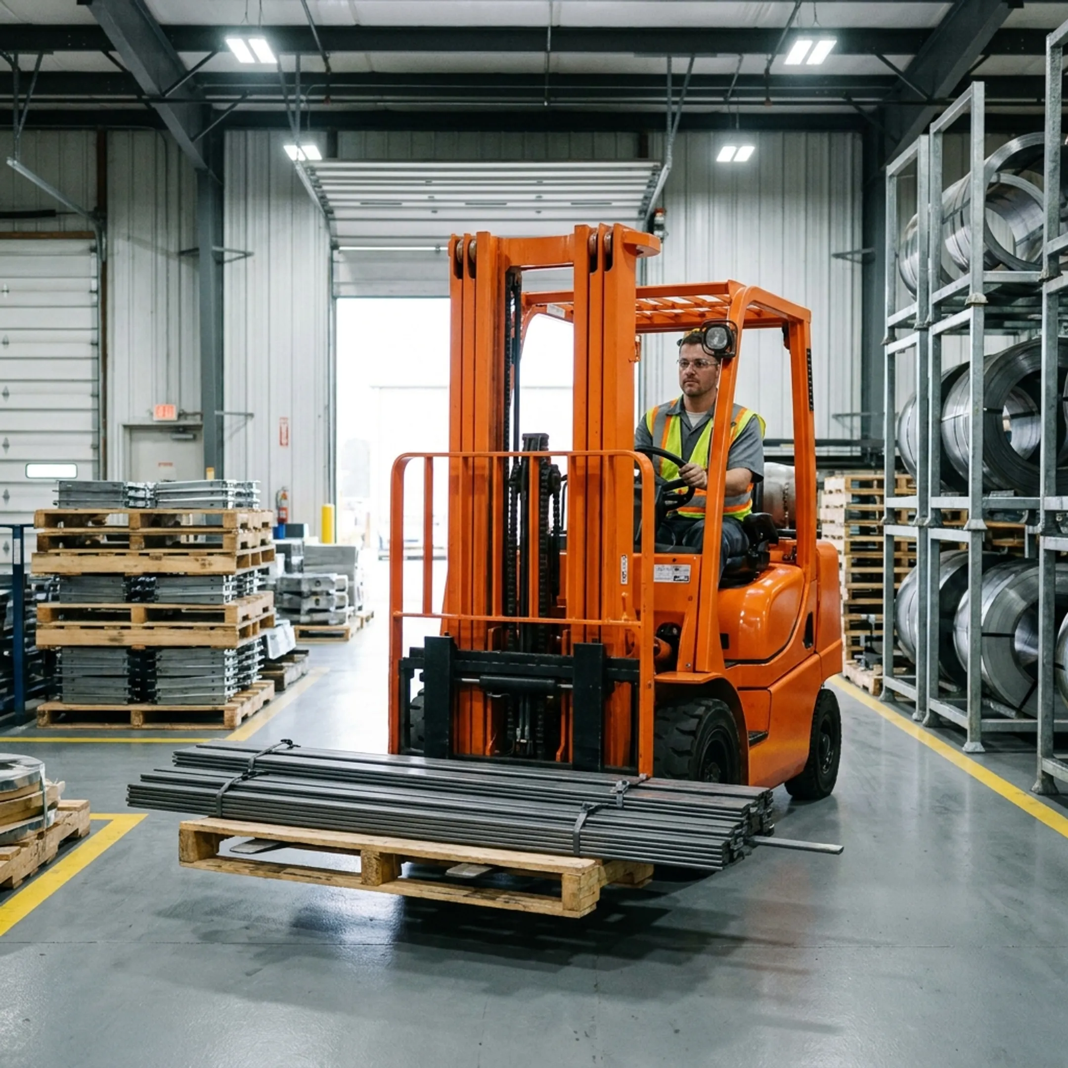 Forklift moving materials in a manufacturing shop