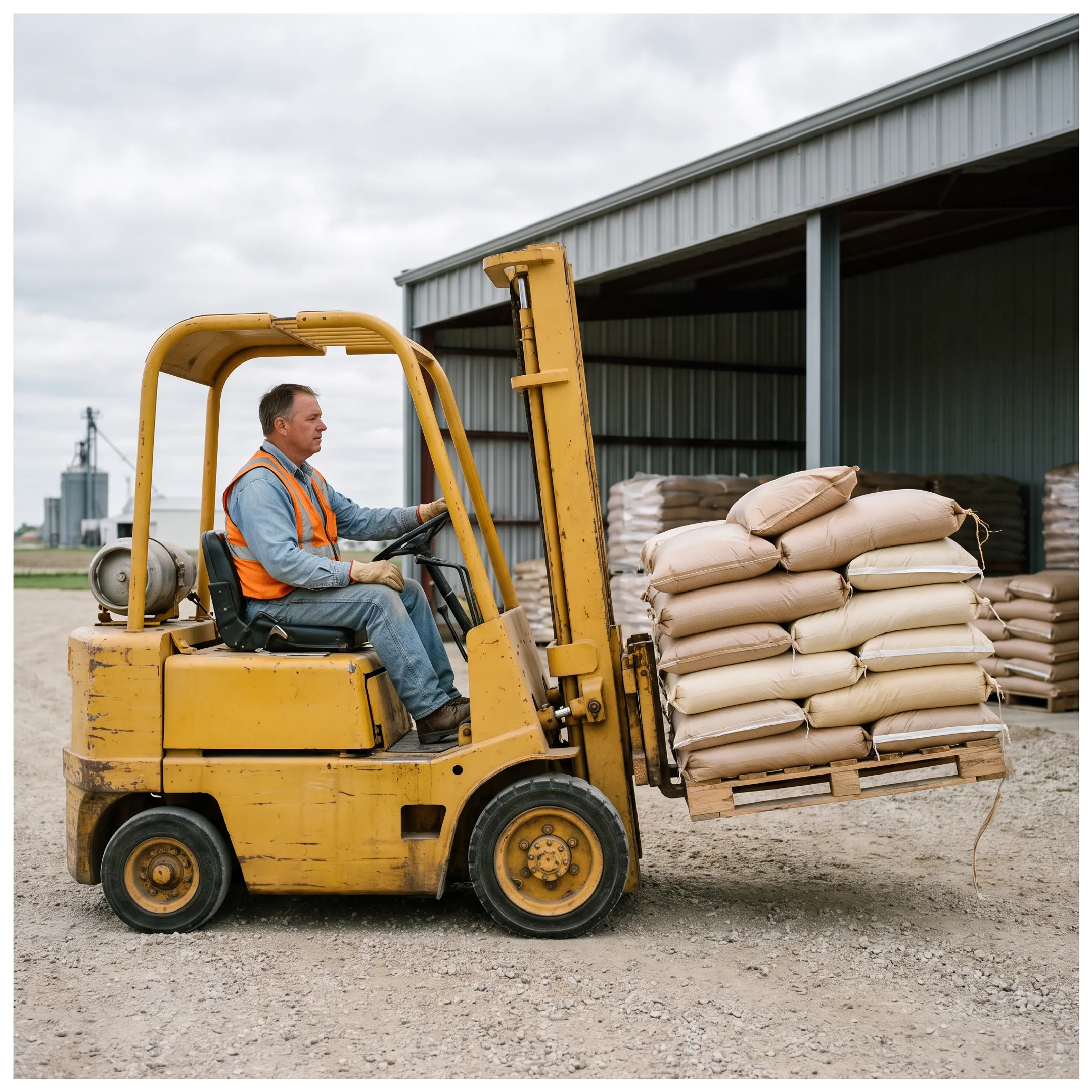 Forklift in an agriculture and farm supply operation