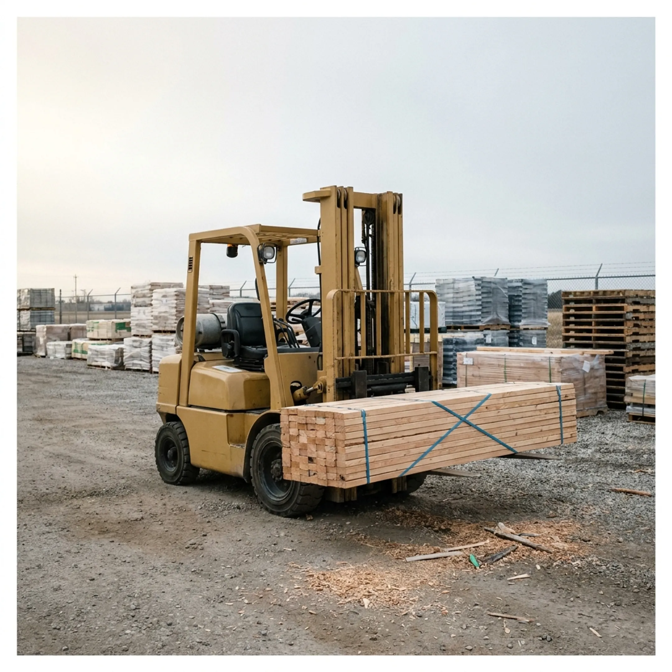 Forklift in a building materials yard
