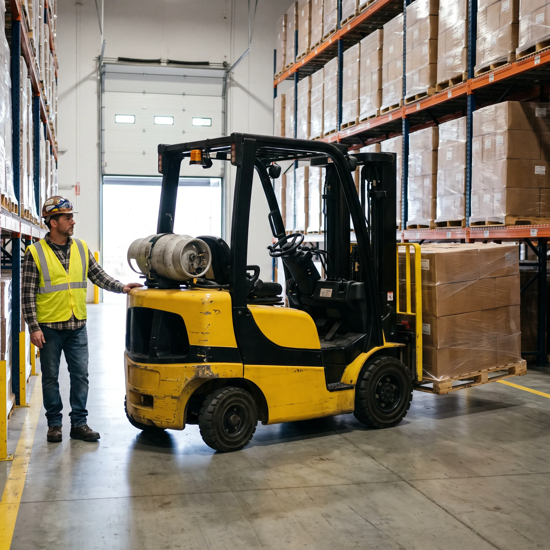 Forklift in a warehouse and distribution facility