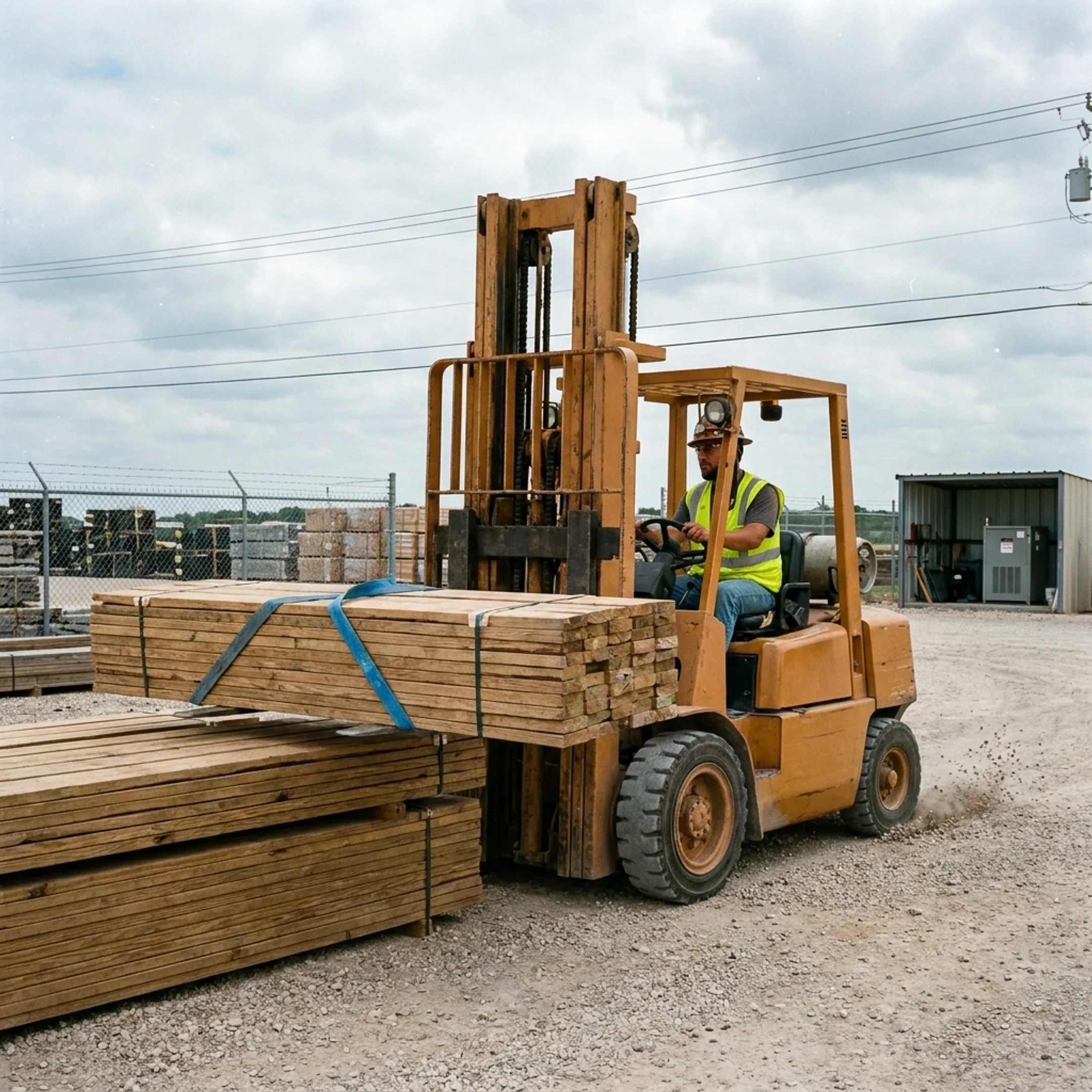 Forklift handling building materials
