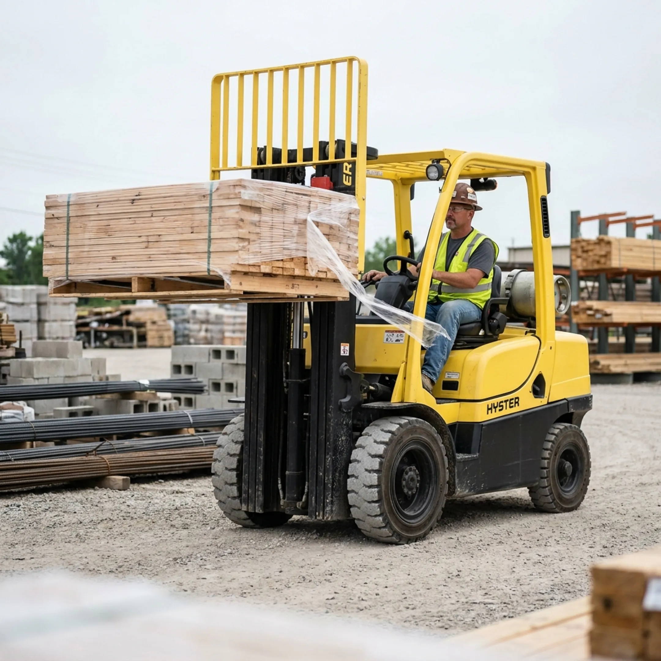 Building material yard using Hyster forklifts