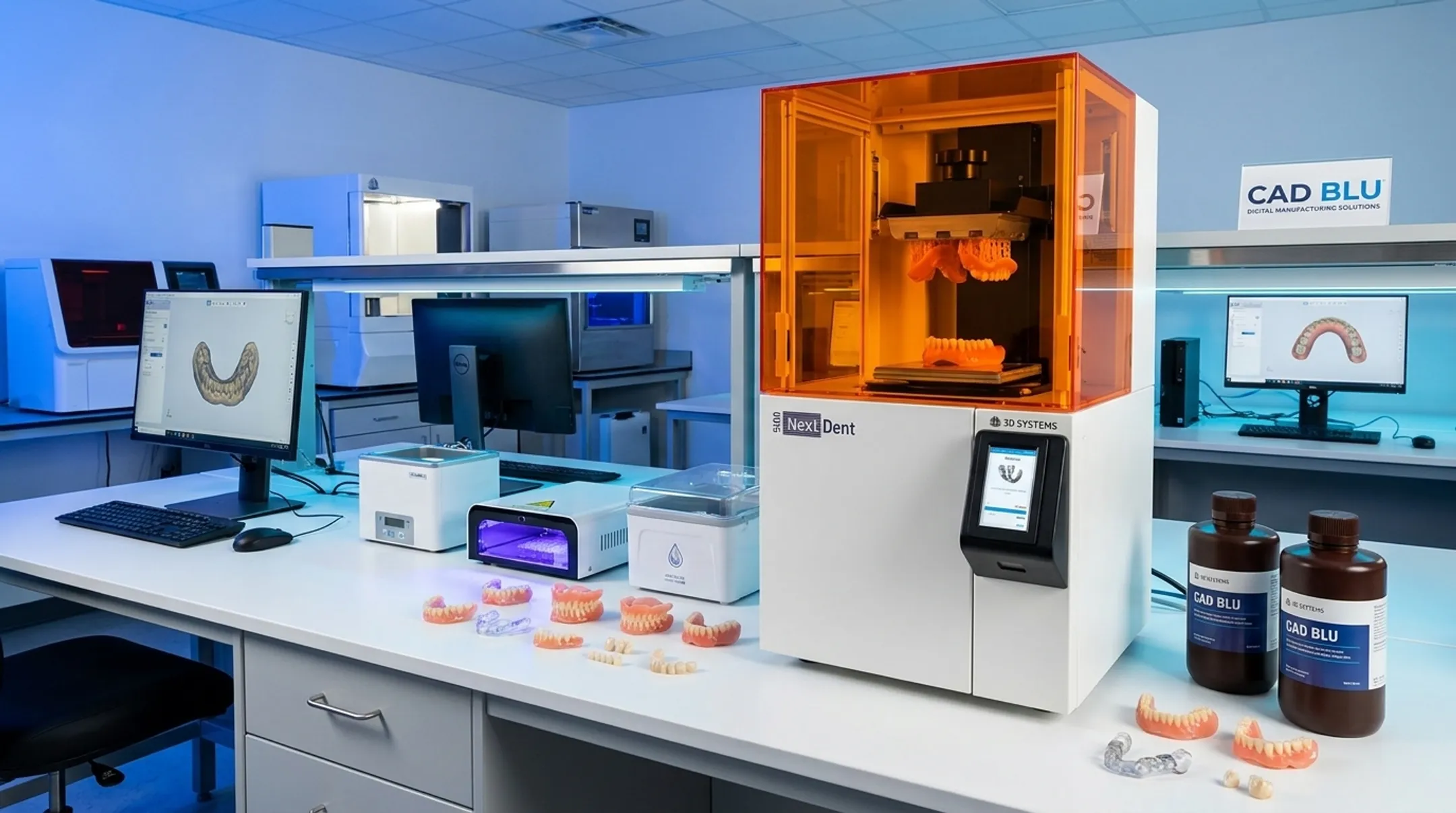 CAD BLU 3D printer producing digital denture bases in a dental lab