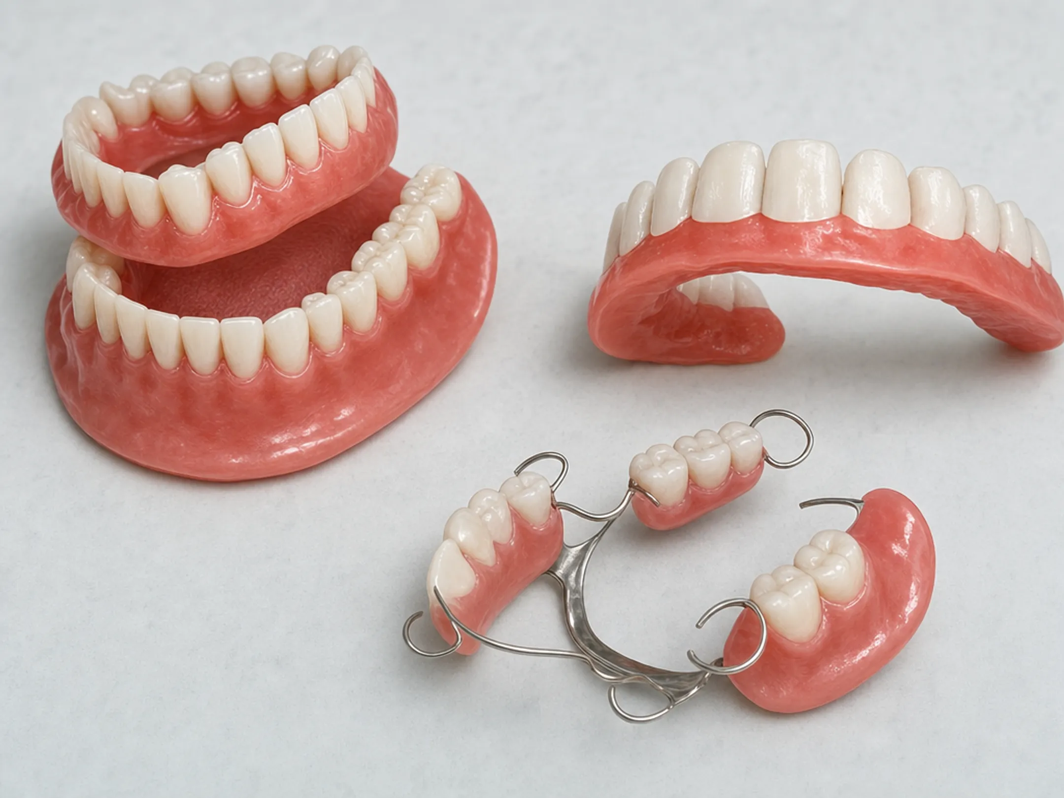 Partial complete and immediate dentures displayed side by side for comparison
