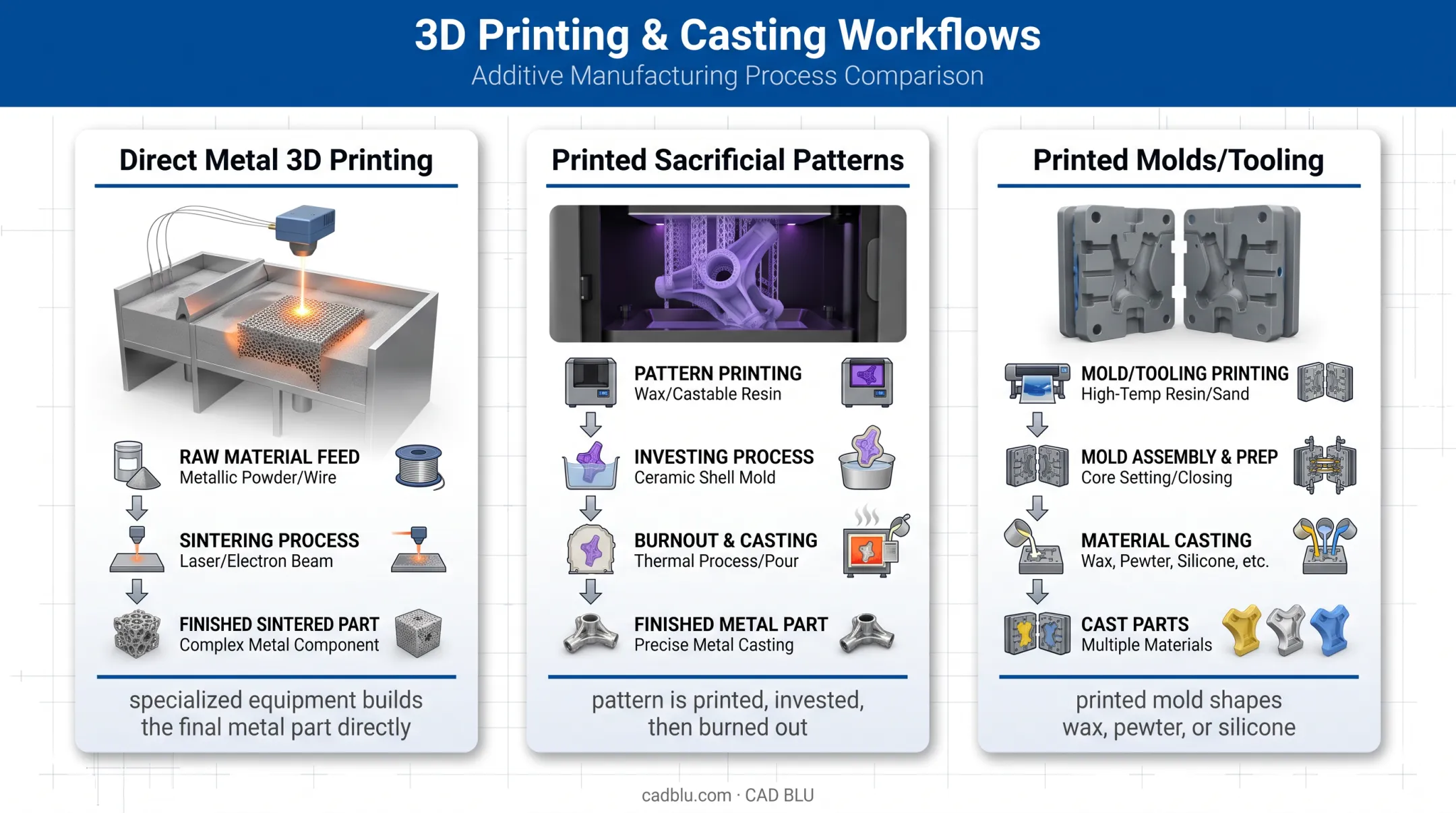 Three 3D printing to metal casting workflow methods comparison infographic