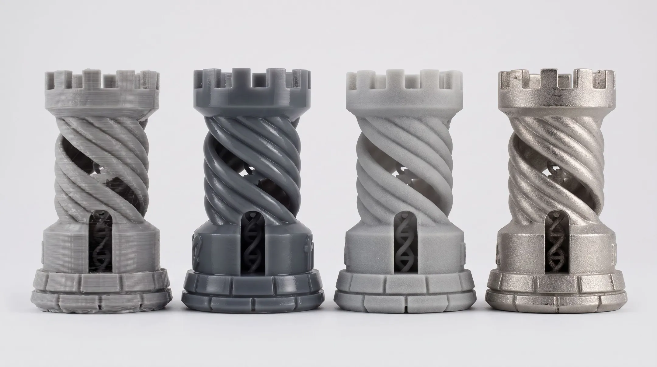 Multiple 3D printed prototype parts showing different printing technology surface finishes