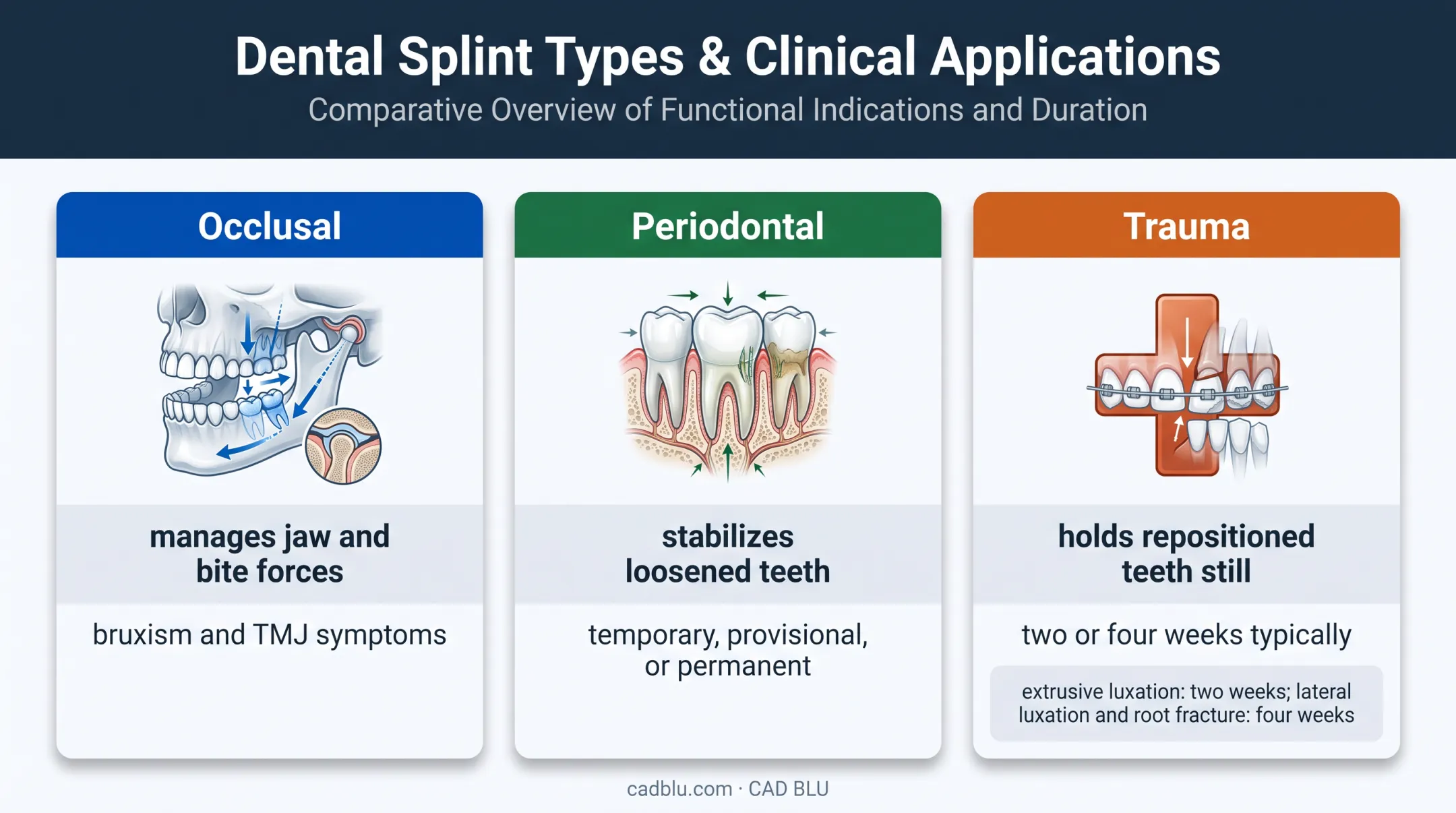 Three dental splint types and clinical applications comparison