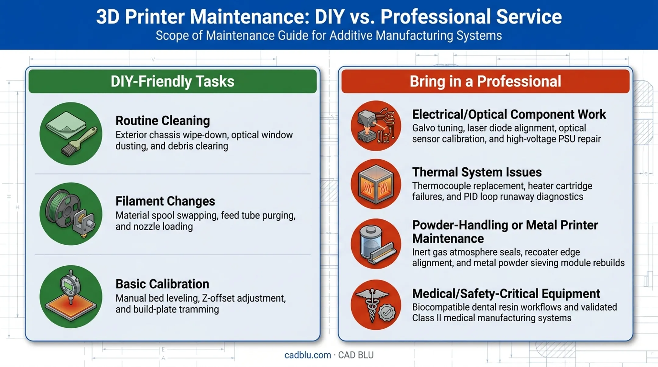 DIY-friendly maintenance tasks versus professional-required 3D printer repairs comparison