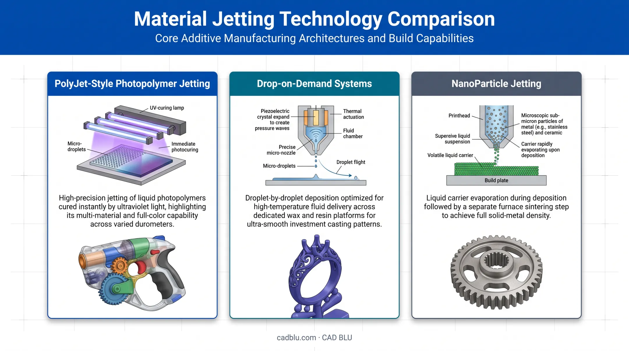 Comparison of three material jetting technologies PolyJet wax and NanoParticle