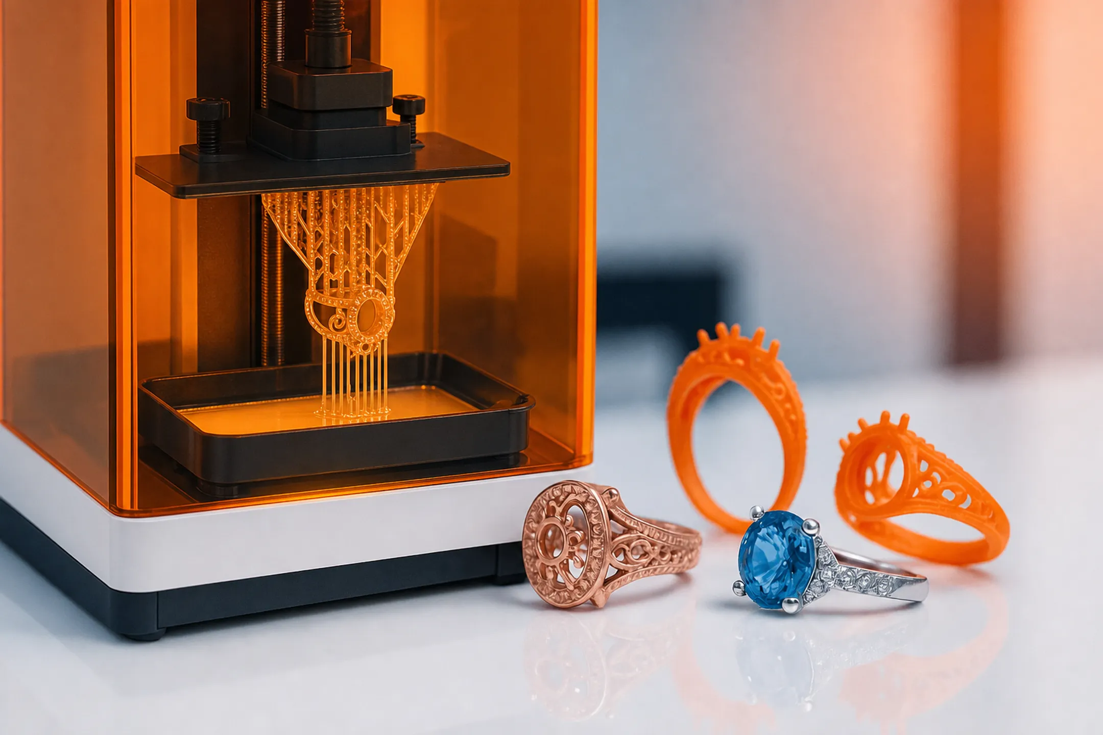 Desktop resin 3D printer producing detailed jewelry casting pattern