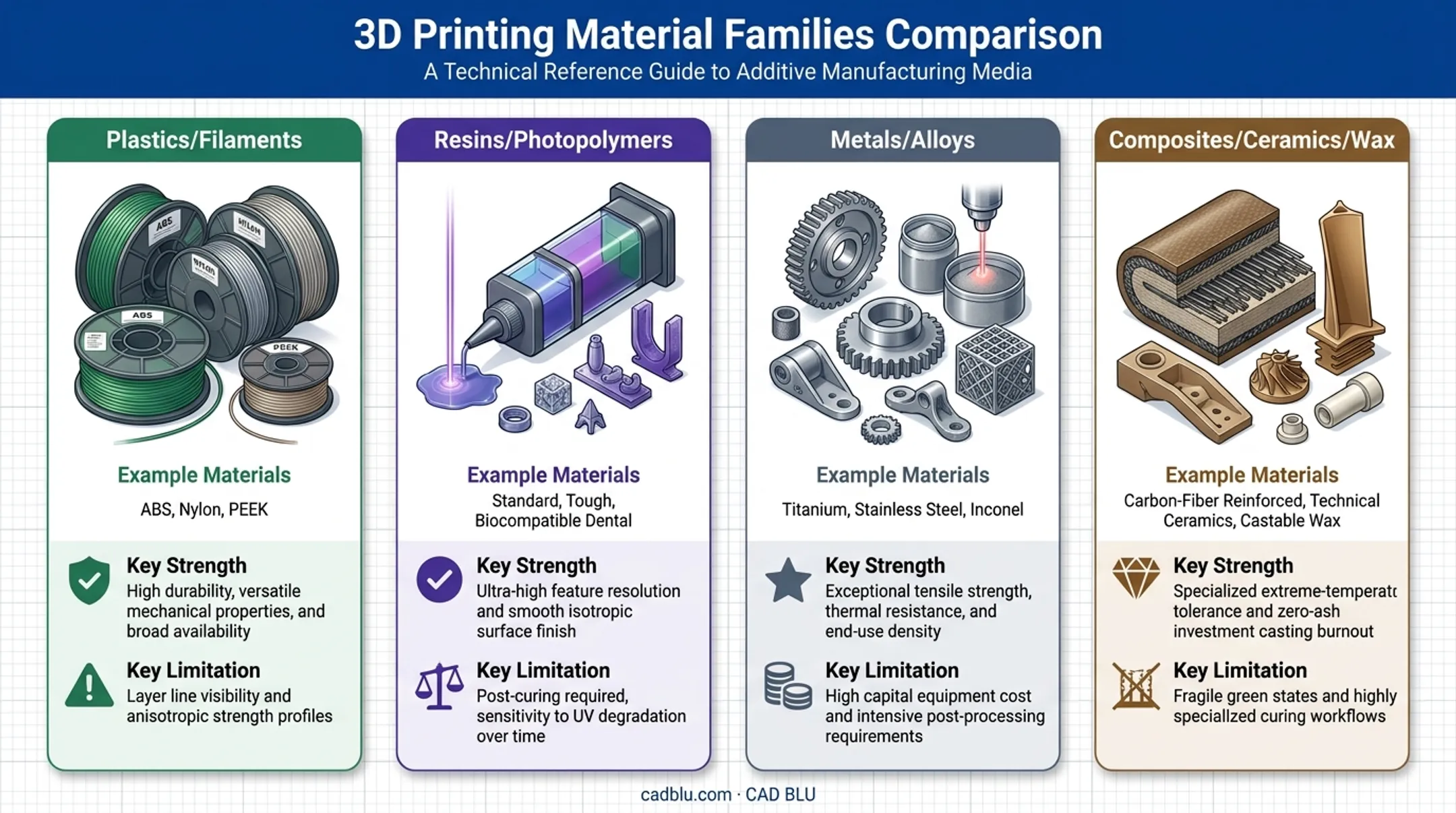 Comparison of plastic resin metal and composite 3D printing material categories