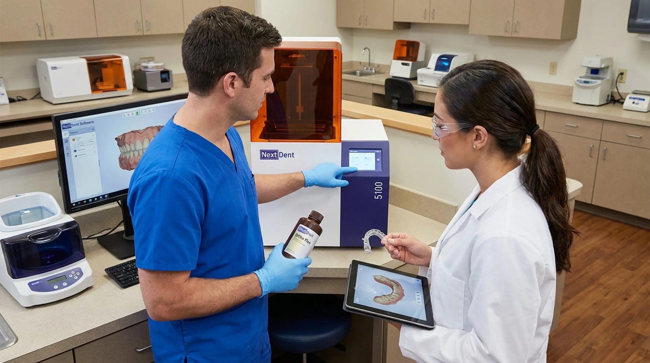 CAD BLU technician evaluating NextDent 5100 dental printer setup