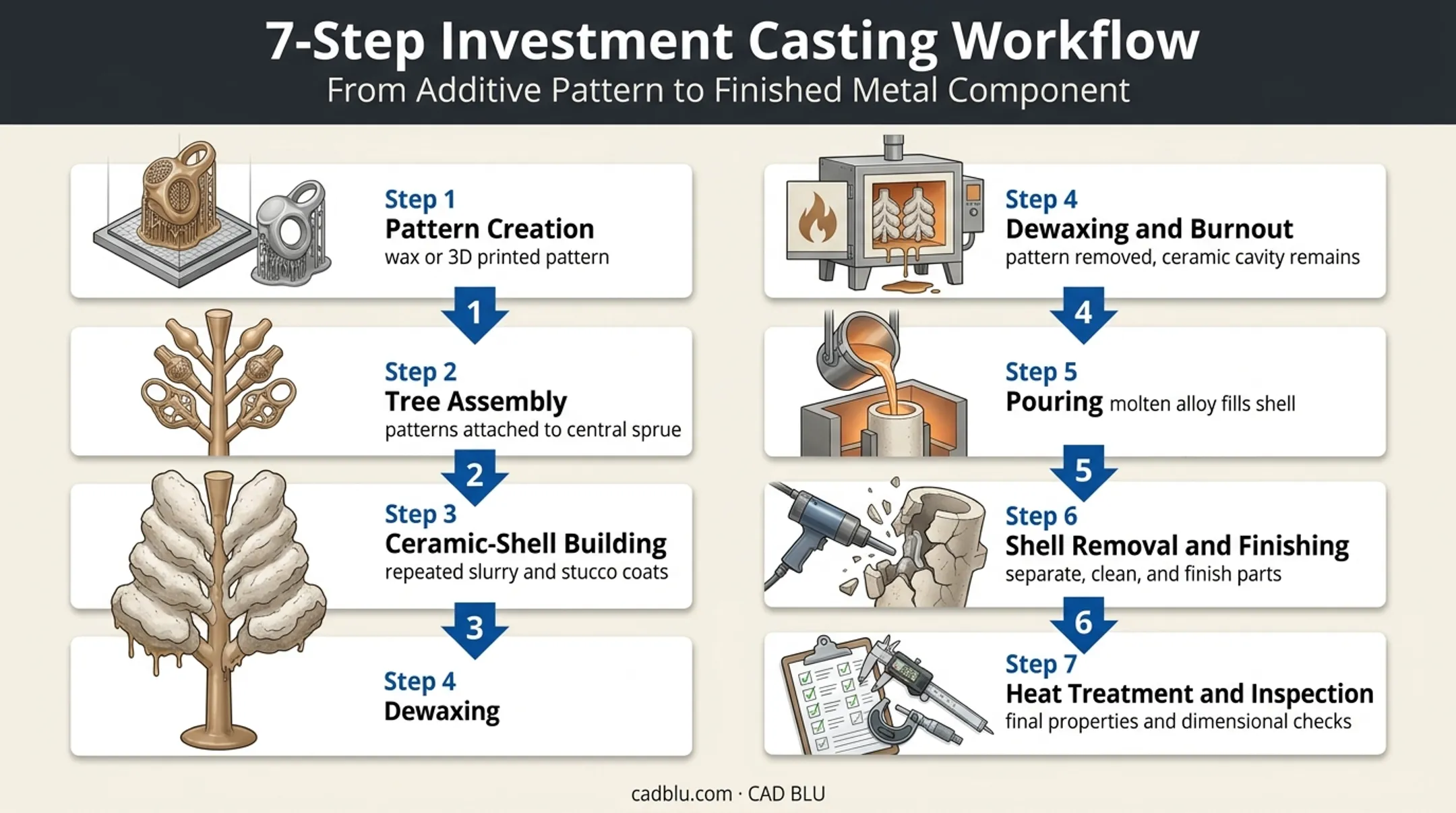 Seven-step investment casting production process from pattern creation to inspection