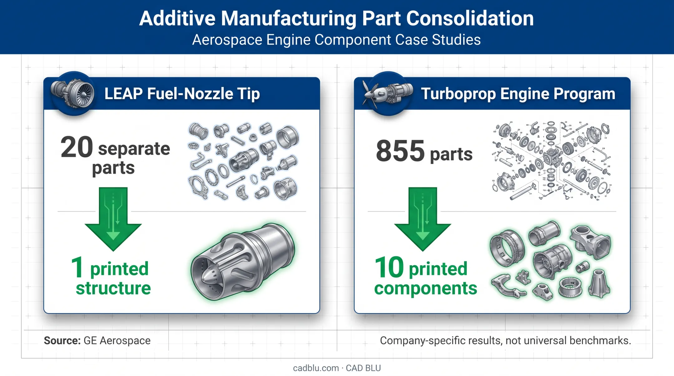 GE Aerospace additive manufacturing part consolidation examples with production counts