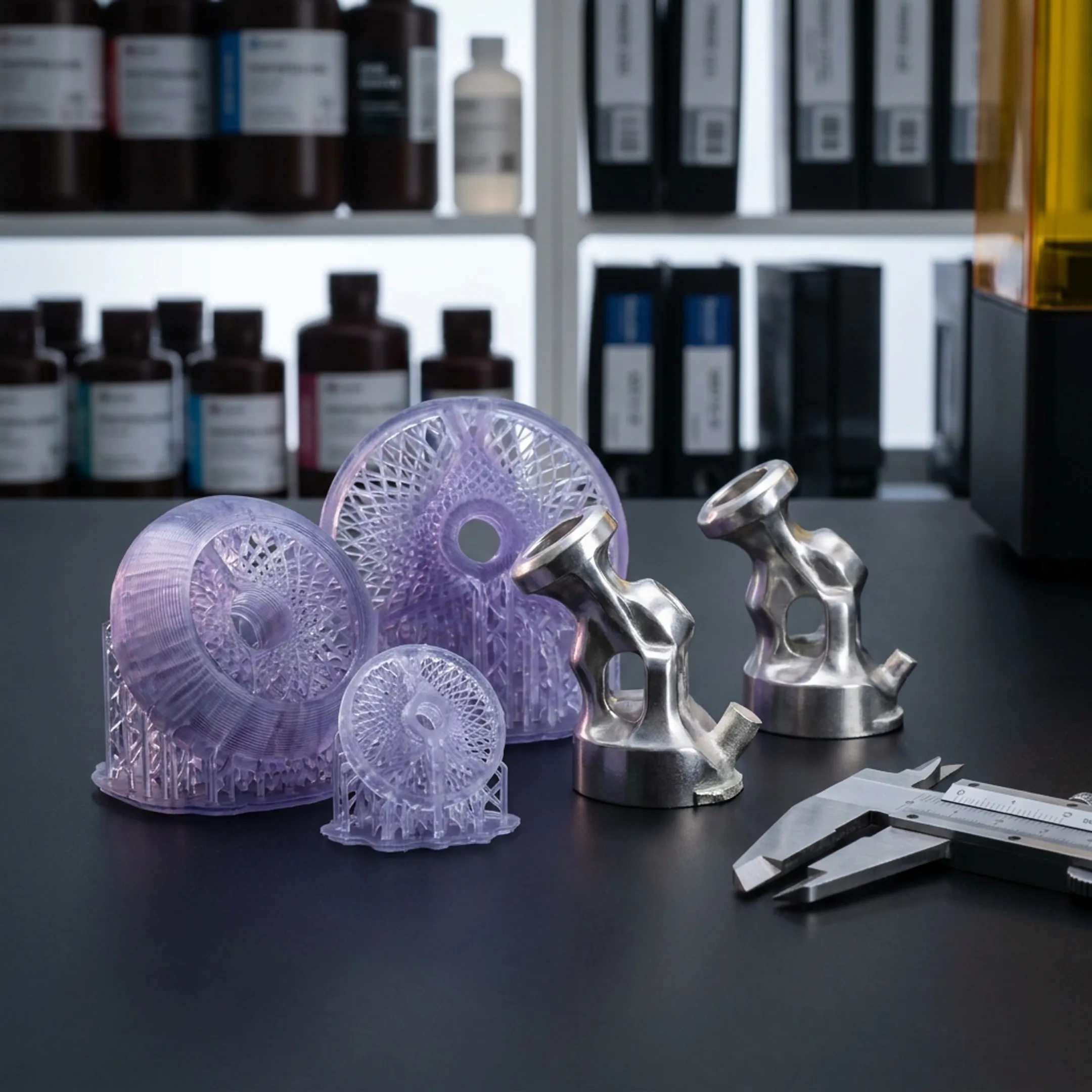 Detailed 3D printed investment casting patterns displayed on a workstation