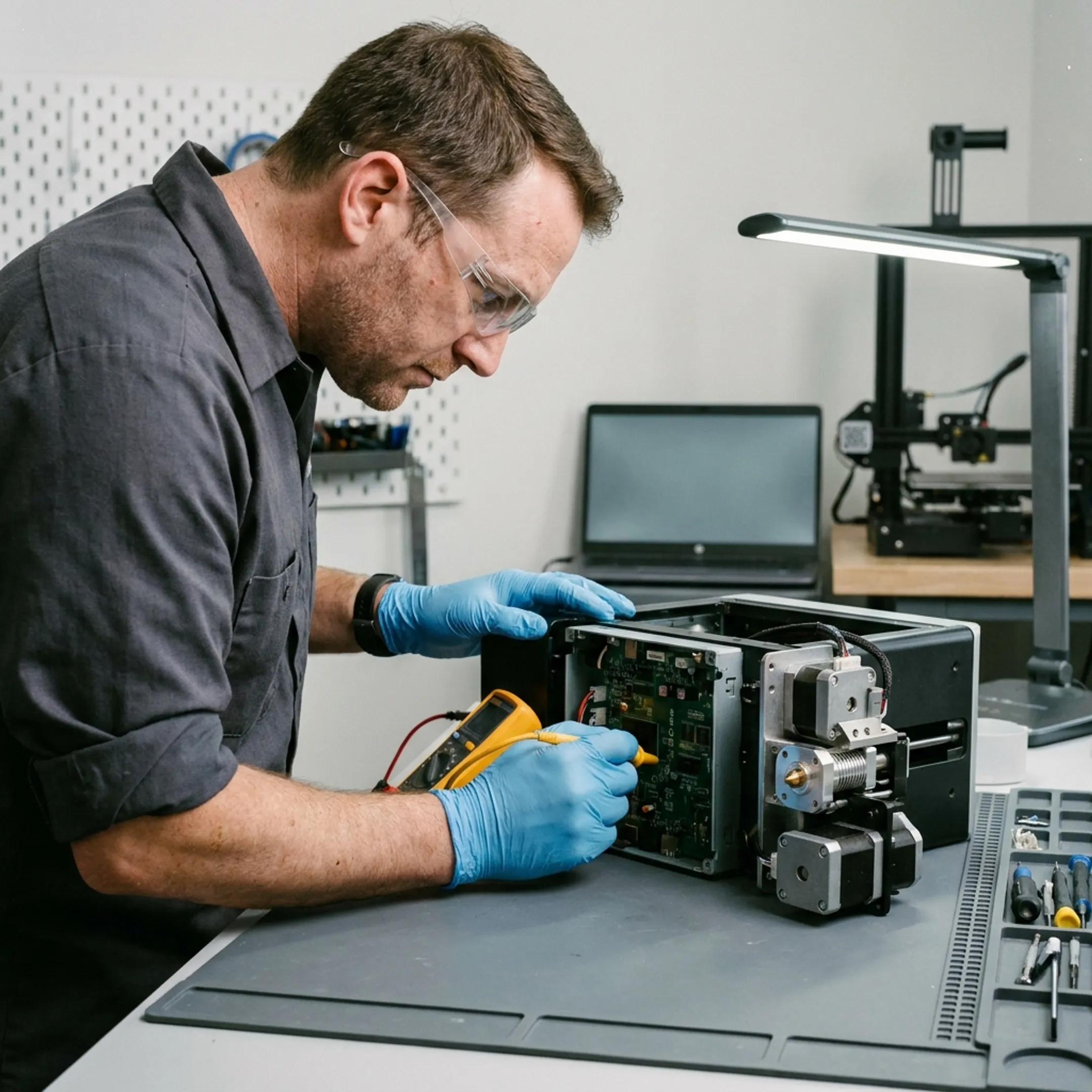 OEM-trained technician working on 3D printer repair