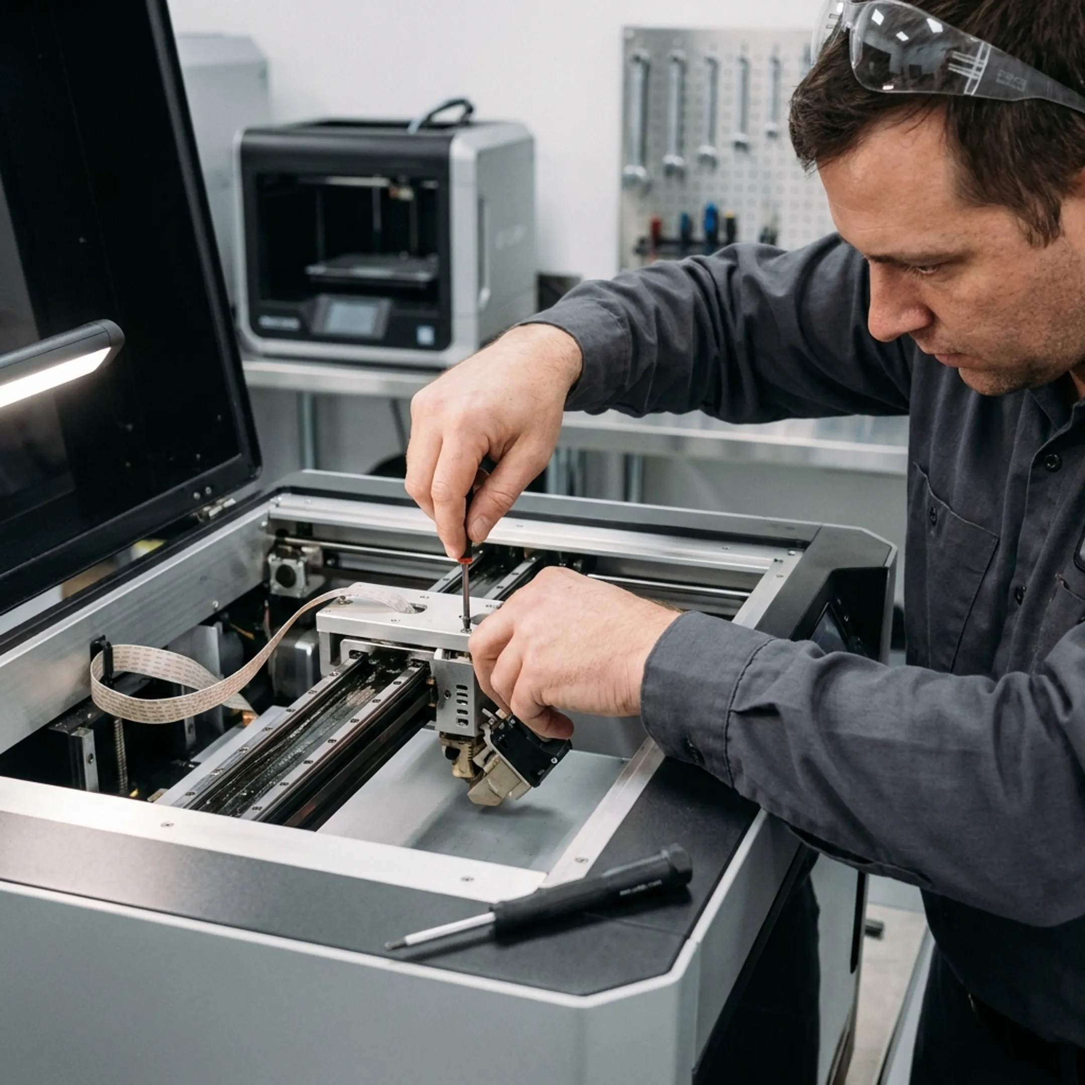 Technician inspecting a commercial 3D printer