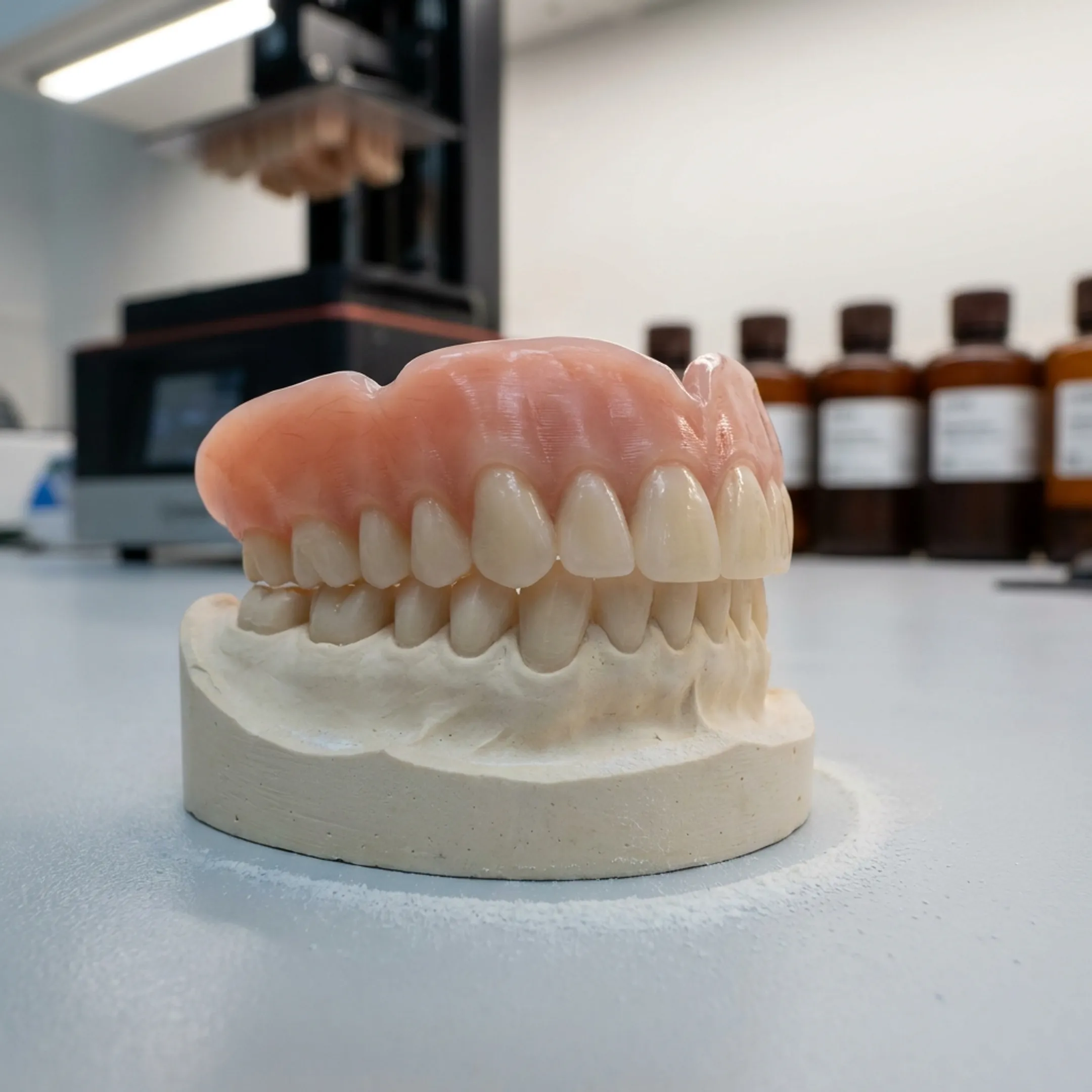 Finished 3D printed digital denture assembly on a dental model articulated platform