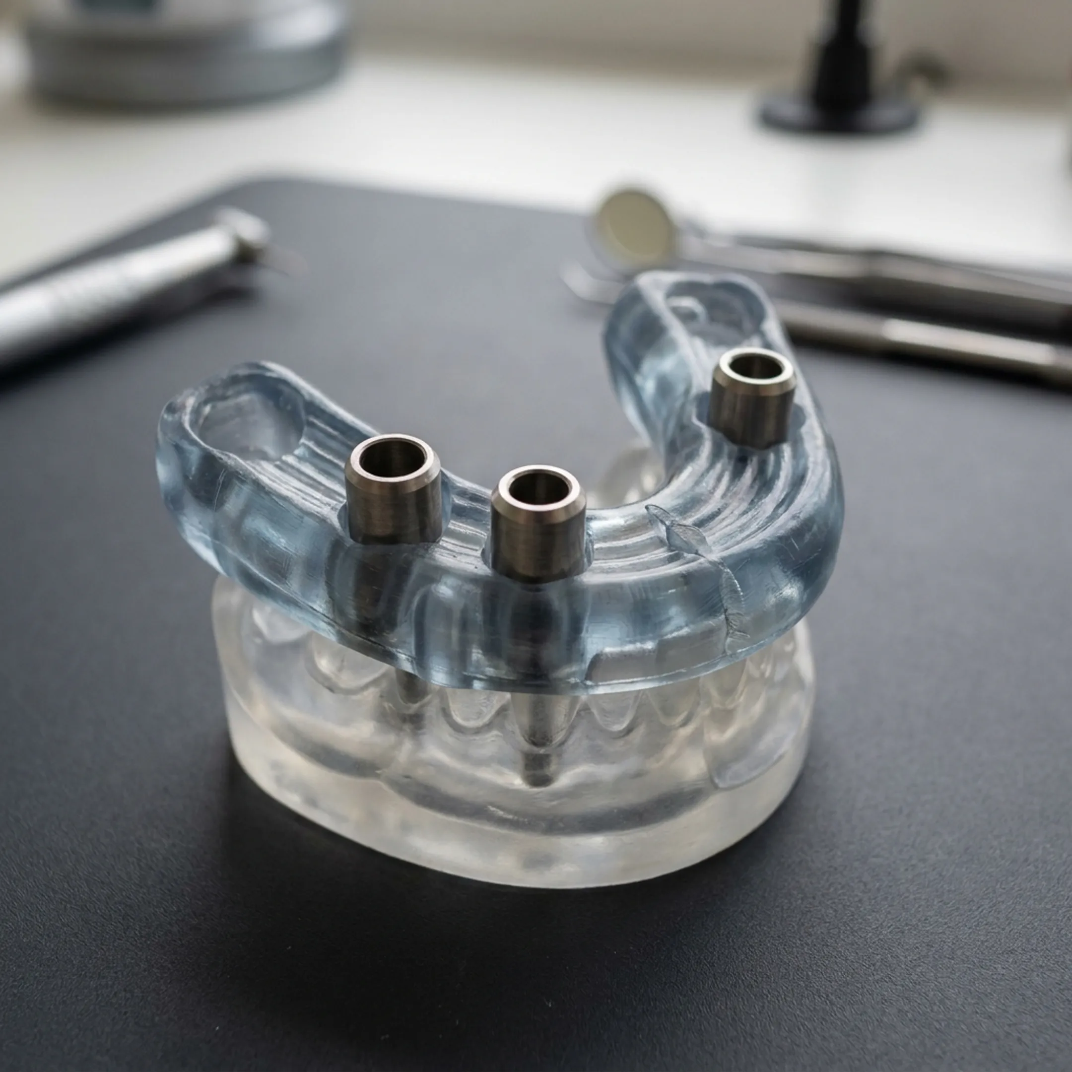 Clear 3D printed surgical guide with stainless steel guide tubes positioned on a dental model
