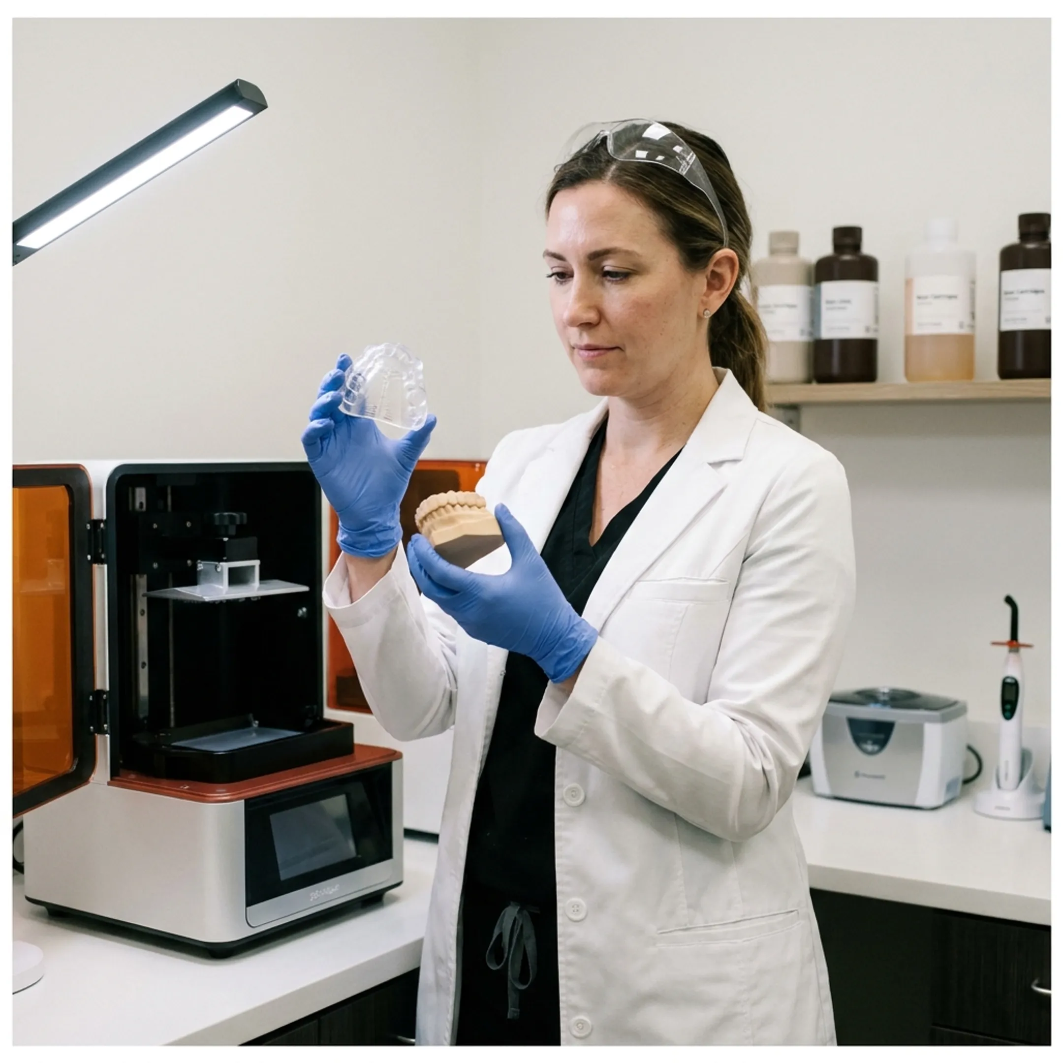Technician inspecting a printed dental arch from a NextDent 3D printer