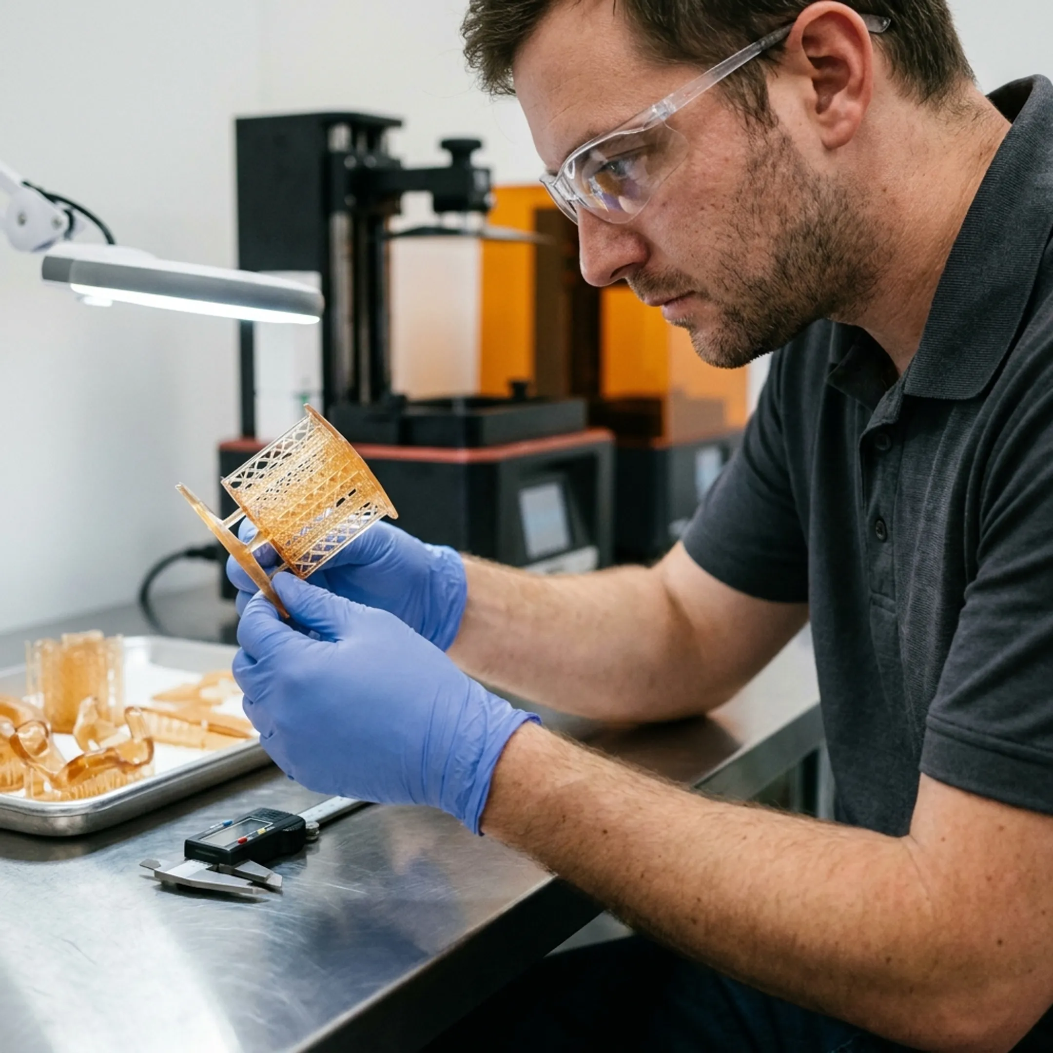 Technician inspecting a clean 3D printed investment casting pattern