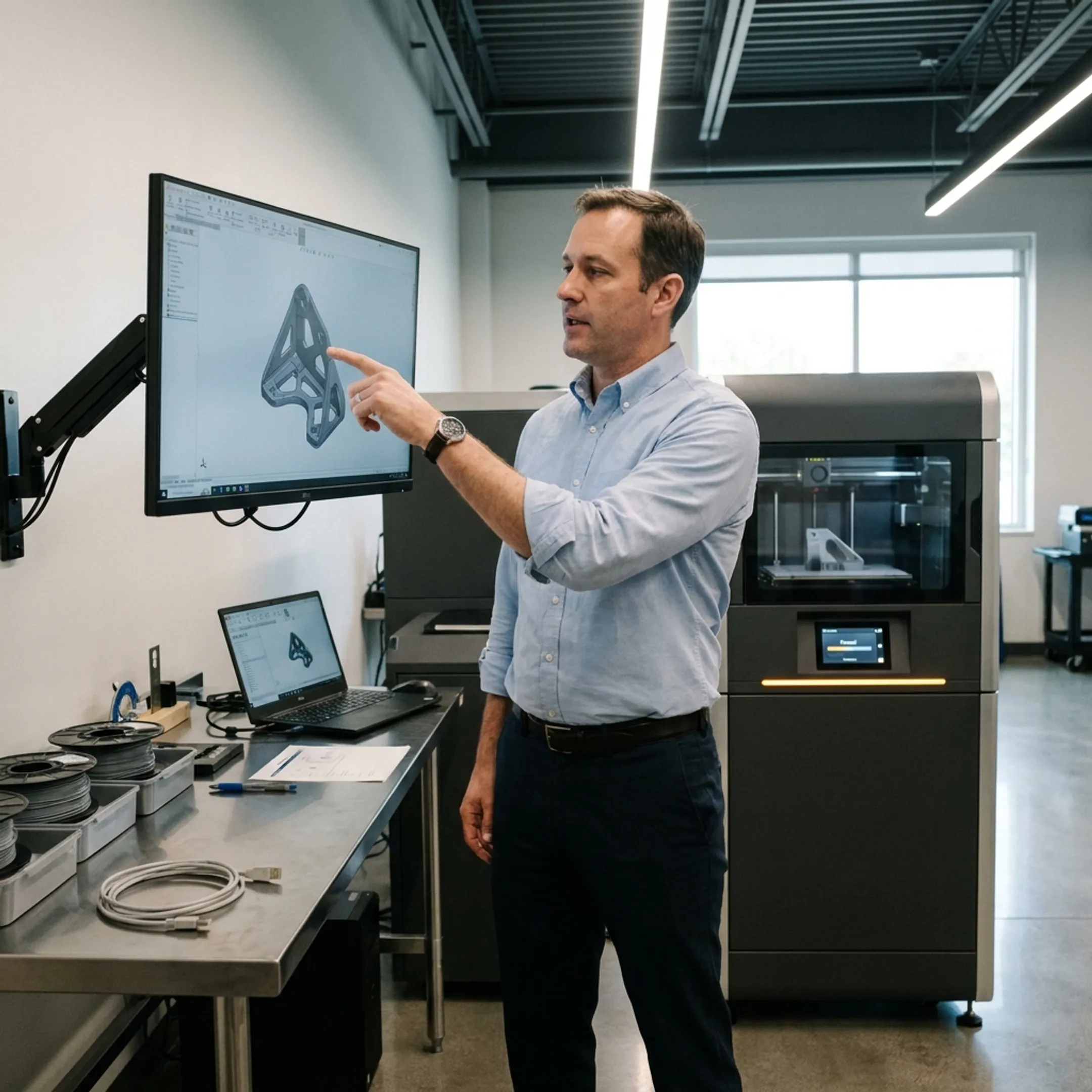 Consultant discussing 3D printing workflow solutions with a client