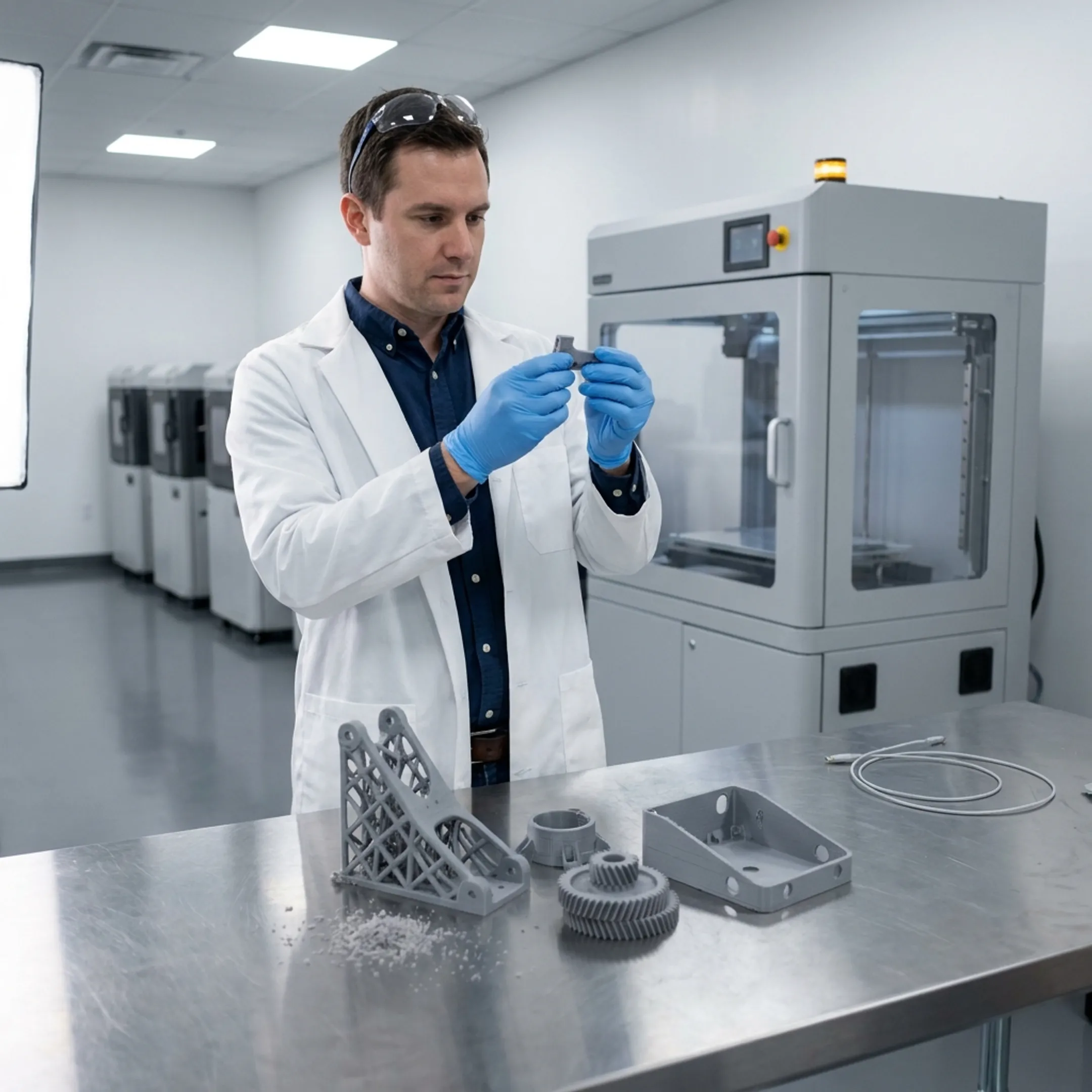 Industrial additive manufacturing technician evaluating 3D printed components