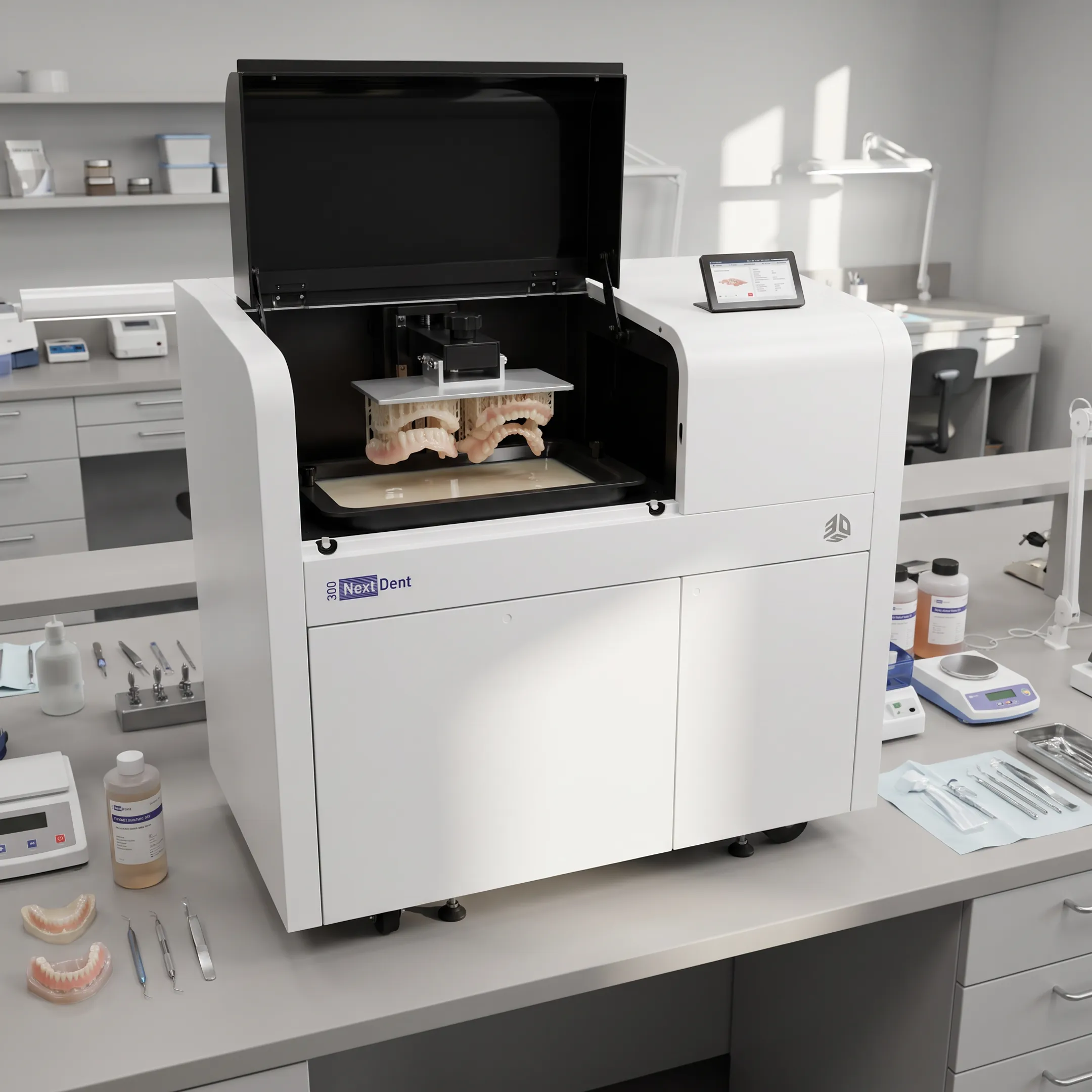 Dental 3D printer producing biocompatible denture bases and teeth in a dental lab setting