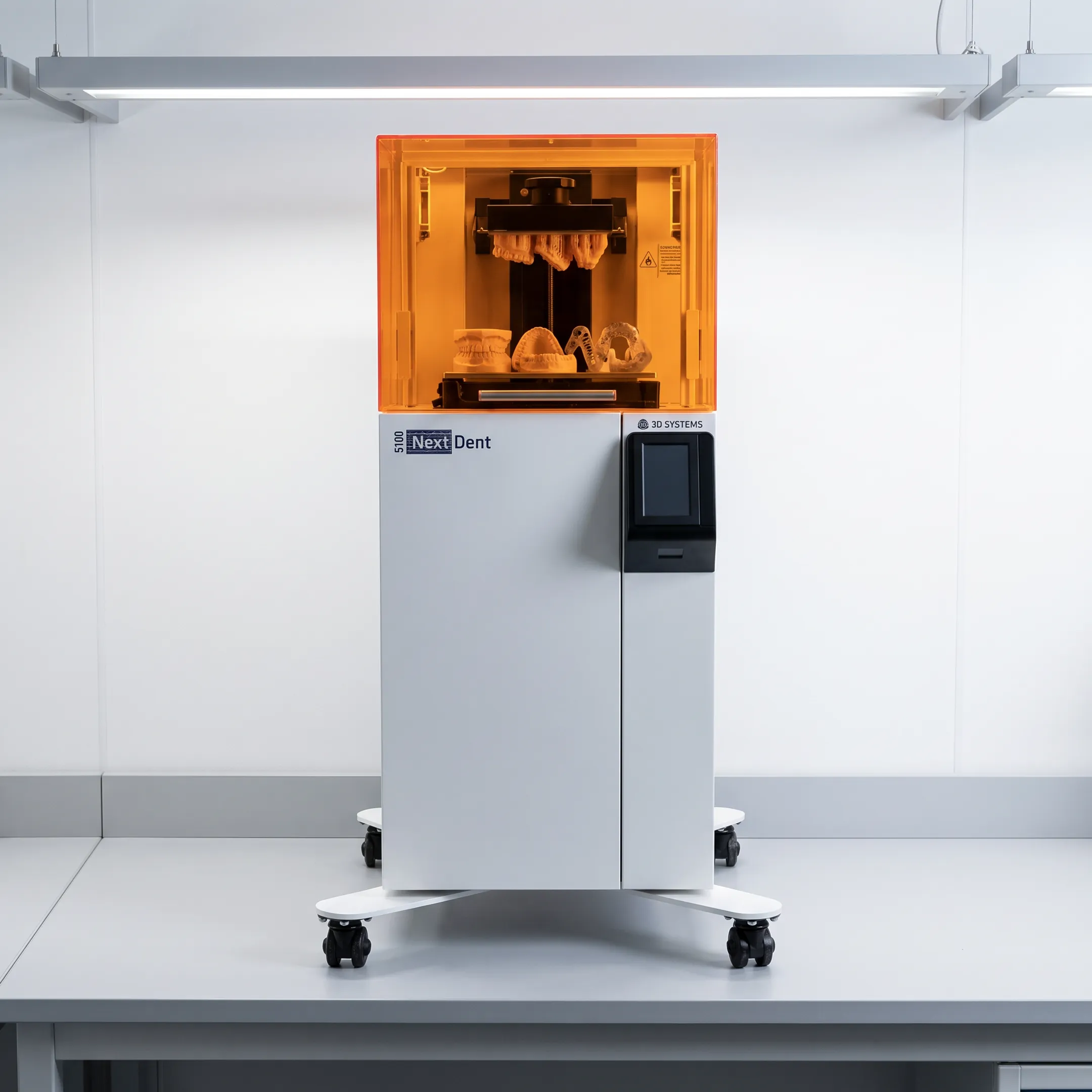 NextDent dental 3D printer producing precision dental models in a laboratory setting