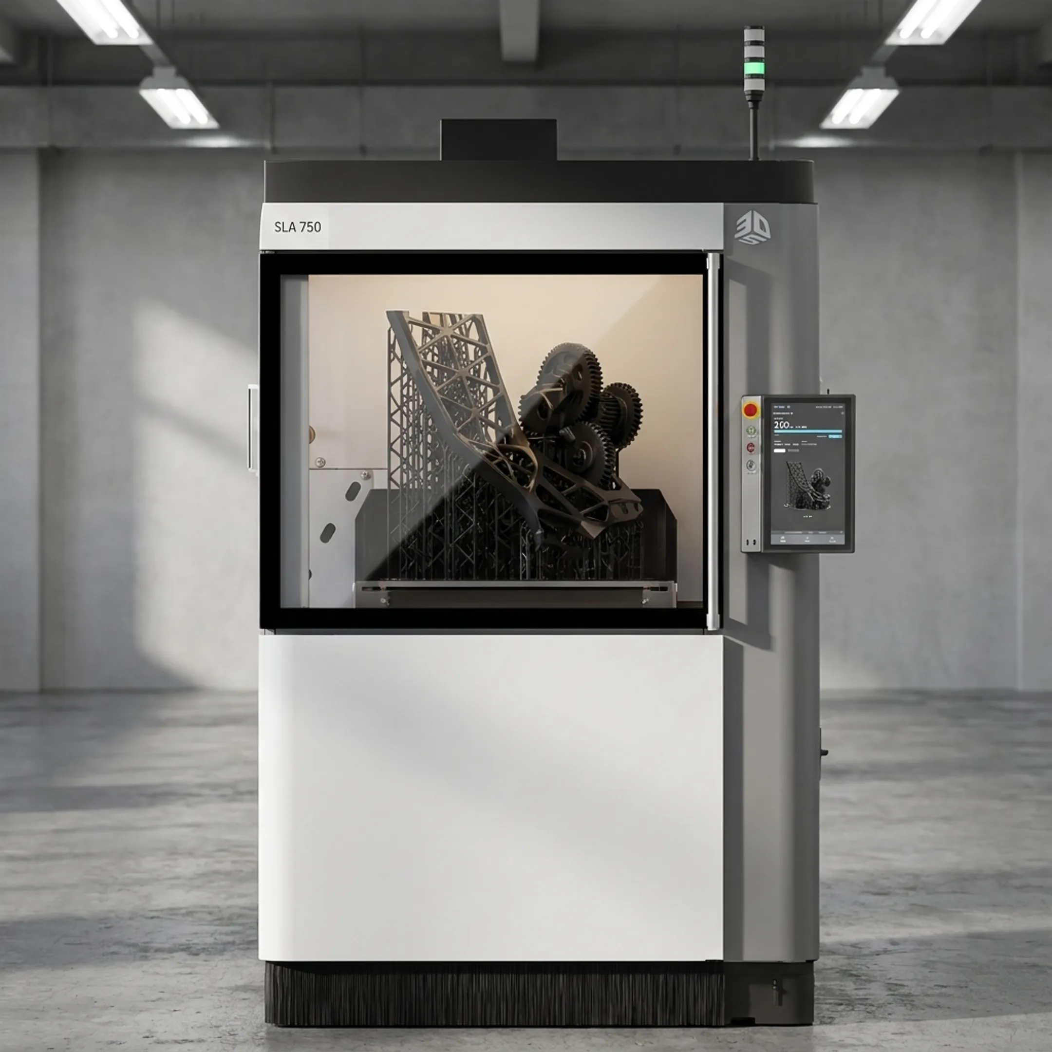 Commercial plastic 3D printer building precision industrial parts in an additive manufacturing facility