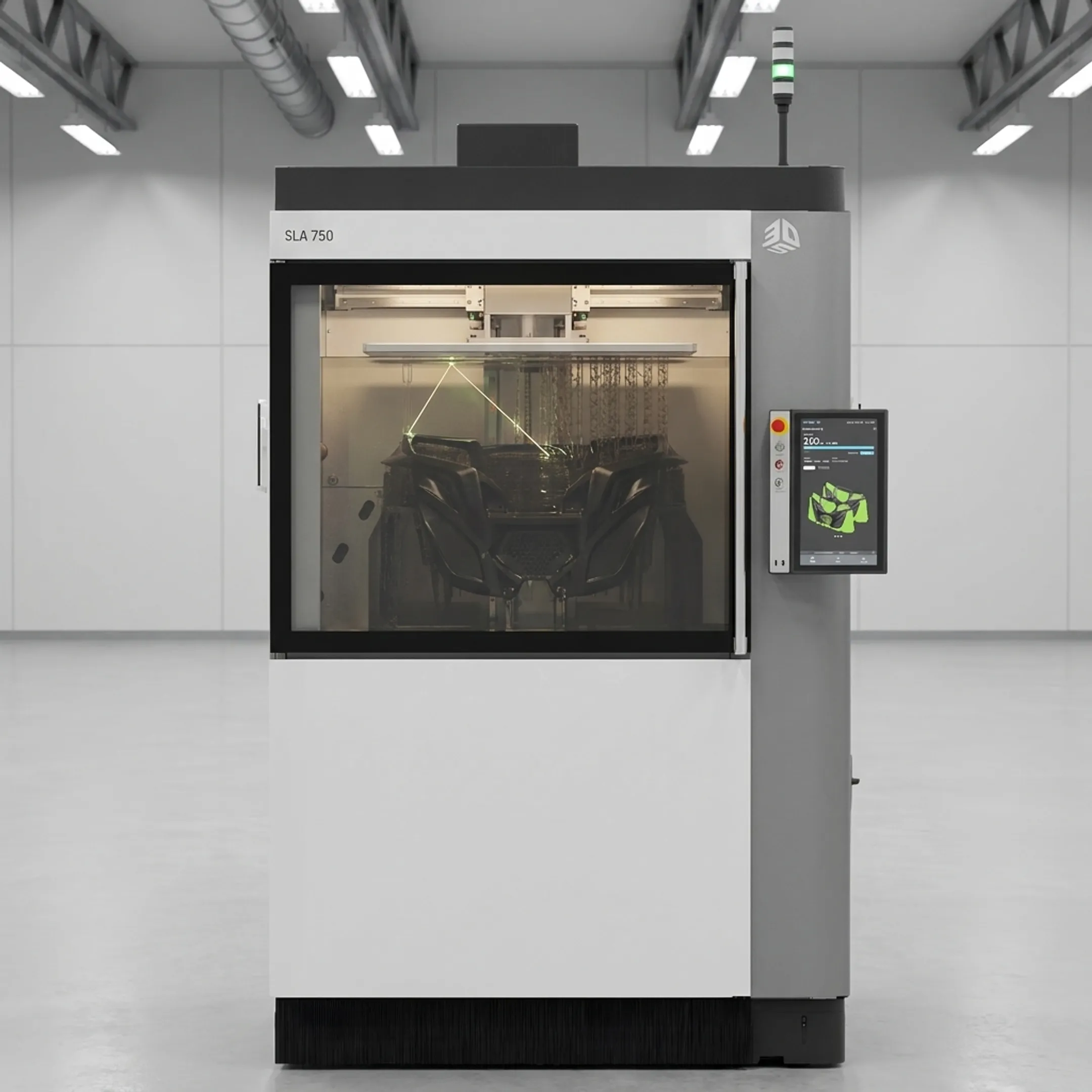 Industrial 3D printer operating inside a modern manufacturing facility