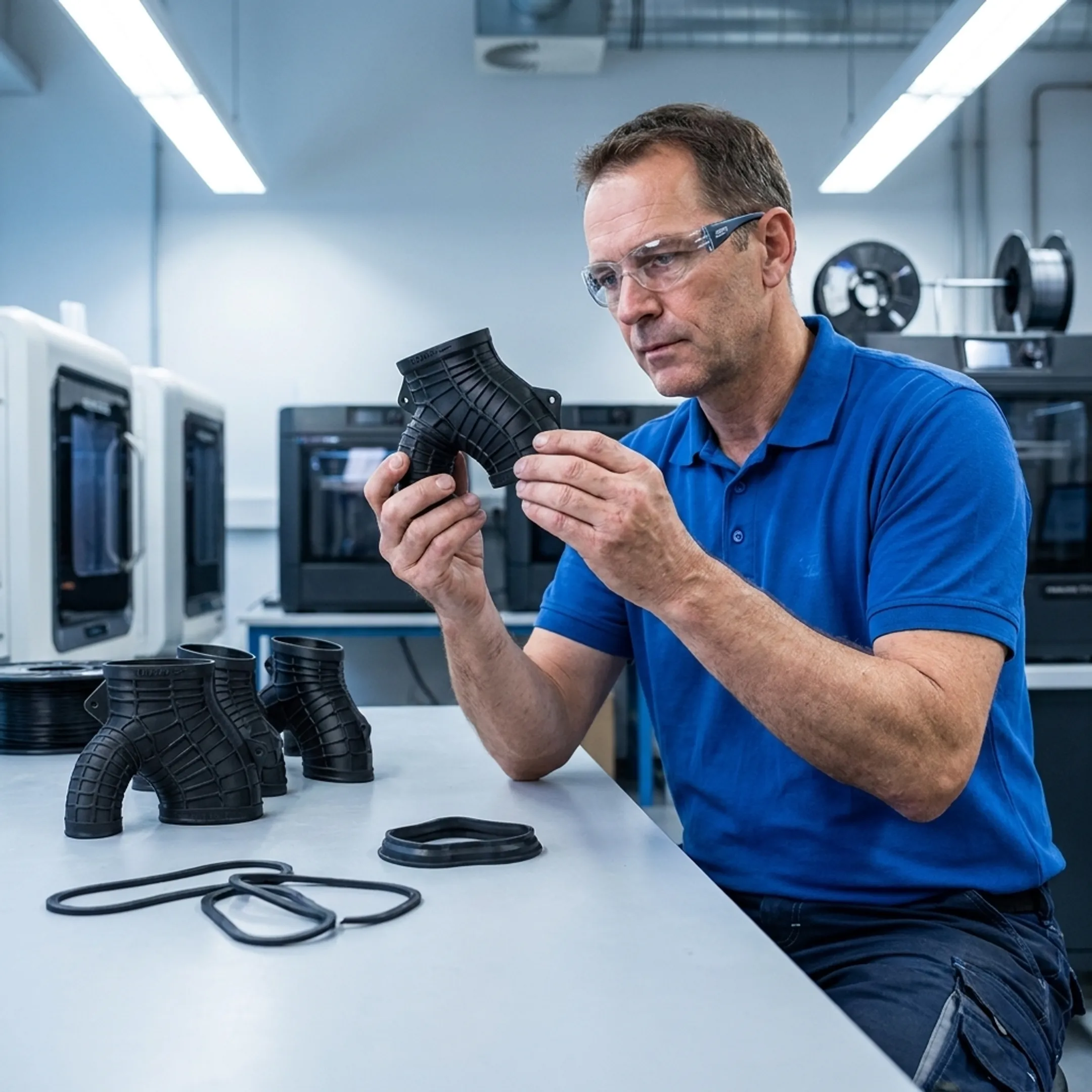 Flexible 3D printed rubber components and elastomeric prototypes on a worktable