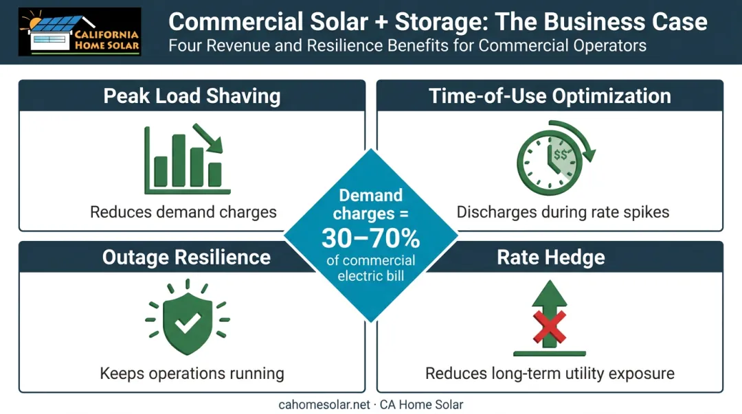 Solar plus battery storage four key commercial savings advantages comparison infographic