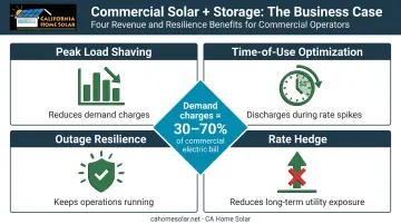 Solar plus battery storage four key commercial savings advantages comparison infographic