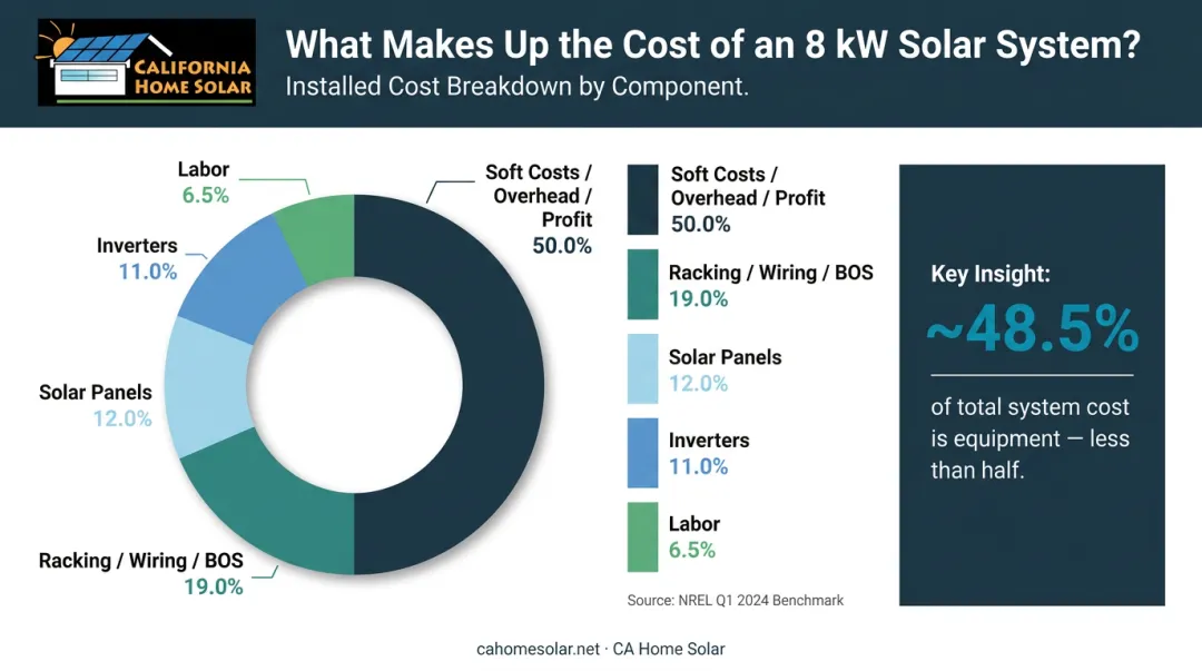 Solar installation cost breakdown by component showing equipment versus soft costs percentage