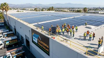 California Home Solar commercial installation crew working on large rooftop solar array