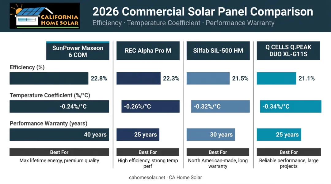 2026 top commercial solar panels side-by-side efficiency and warranty comparison chart