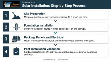 4-step ground-mount solar installation sequence from site prep to post-installation validation