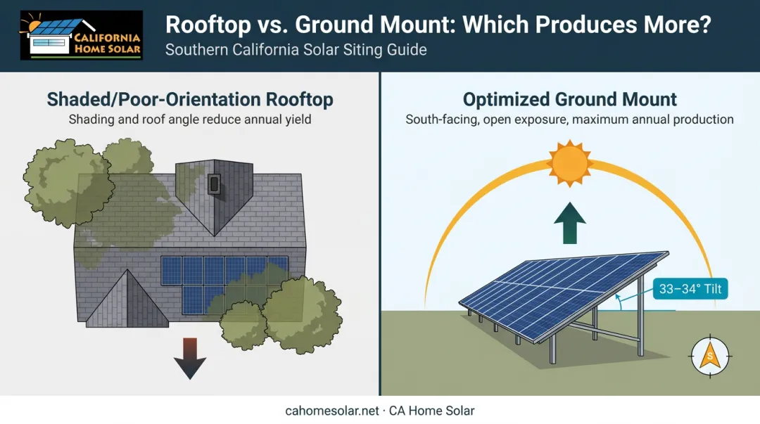 South-facing fixed-tilt ground mount orientation versus shaded rooftop solar comparison