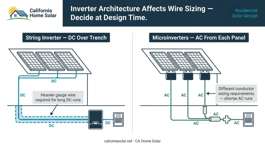 String inverter versus microinverter architecture DC versus AC trench run voltage drop comparison