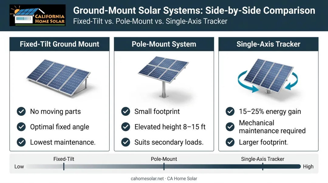 Three residential ground-mount solar system types fixed-tilt pole-mount and single-axis tracker comparison