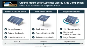 Three residential ground-mount solar system types fixed-tilt pole-mount and single-axis tracker comparison