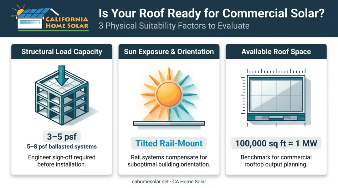 Three commercial rooftop solar physical suitability factors structural load shading and space